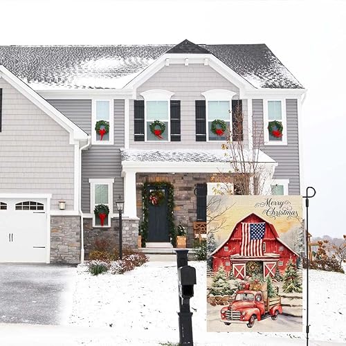 Miniatura 4 de Bandera de jardín de Feliz Navidad de 12 x 18 pulgadas, doble cara, árbol de Navidad rojo granero de Navidad, bandera estadounidense, camión,
