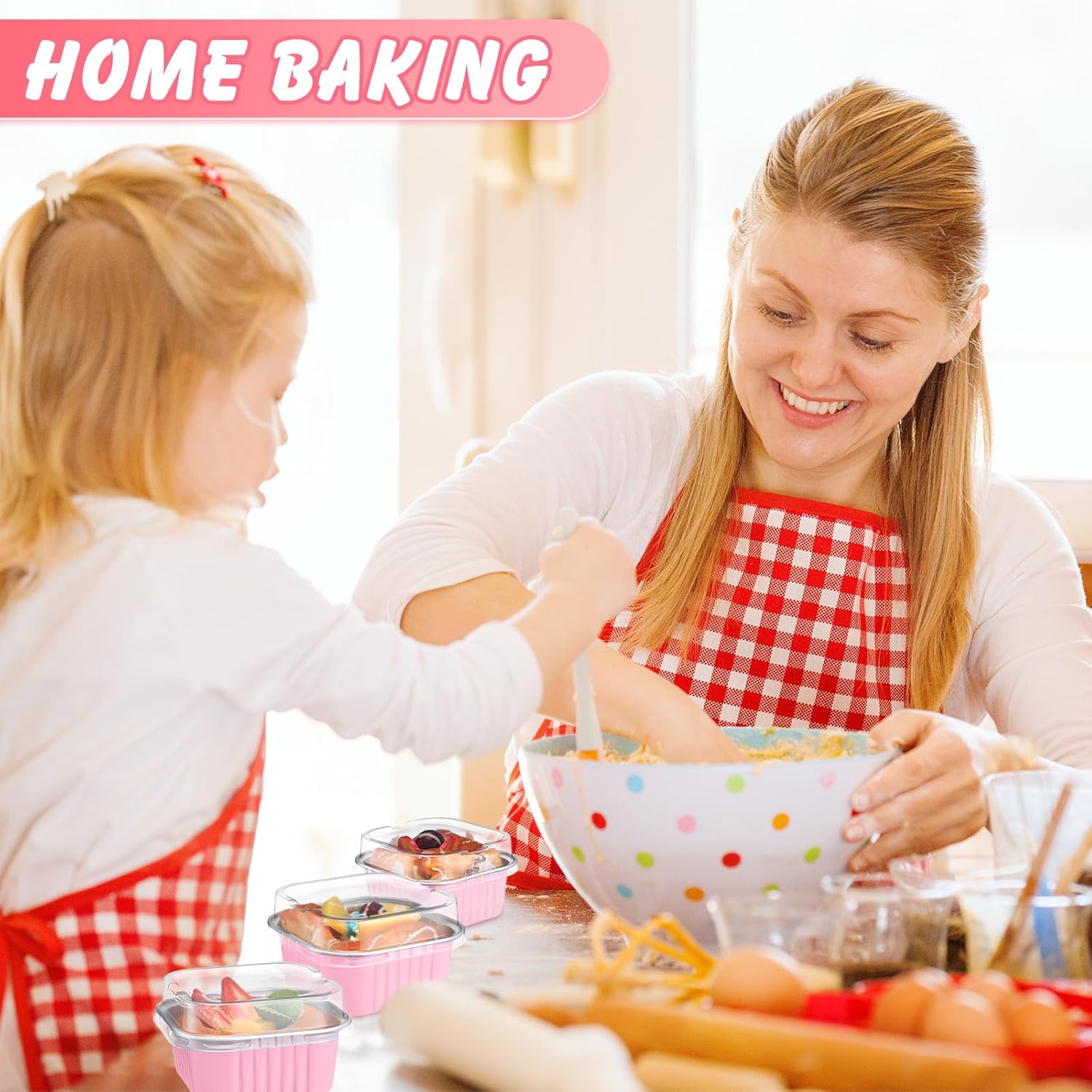 200 Pack 5 oz Square Baking Cups with Lids Aluminum Foil Mini Cake Pans Disposable Ramekins Tins Dessert Containers Cupcake Pans for Souffle Wedding Birthday Party Picnic(Pink,Classic) - Image 5