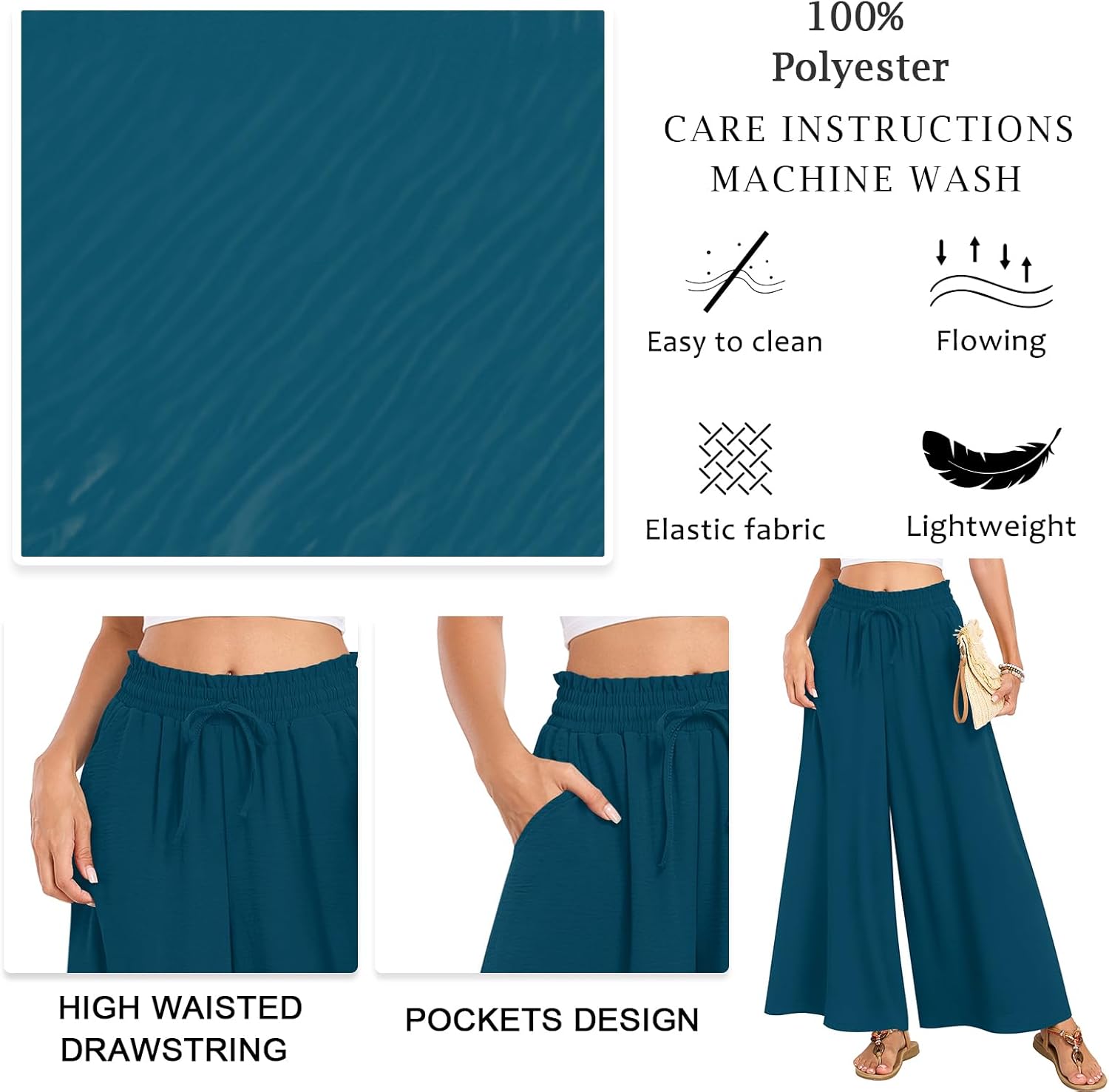 Netsmile Women's Wide Leg Palazzo Pants Dressy Flowy Casual High Waist Drawstring Beach Boho Trousers with Pockets - Image 5