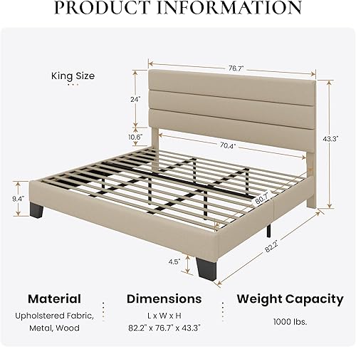 Miniatura 2 de SHA CERLIN Base de cama King con cabecera de tela tapizada, base de colchón con fuerte soporte de listones de madera, no necesita somier, color beige