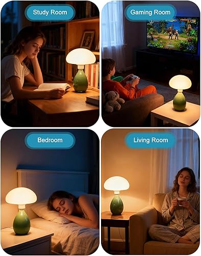 Miniatura 6 de Lightdot Lámpara de hongo, lámpara de mesita de noche de cerámica para mesita de noche de dormitorio, luz nocturna verde vintage retro, pequeña