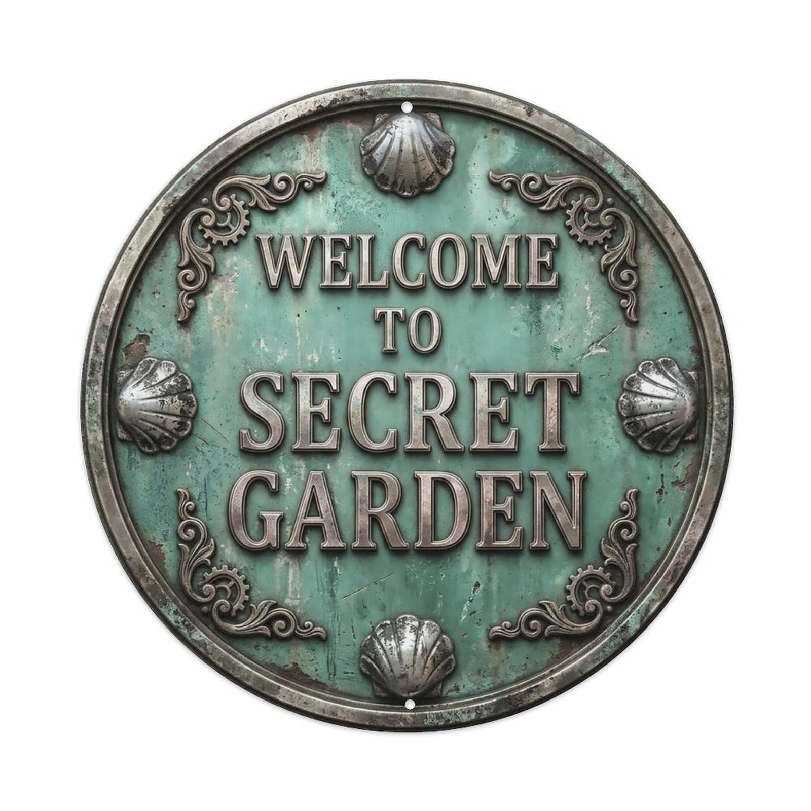 Vintage Welcome Secret Garden Silver Seafoam Worn Metal Tin Sign