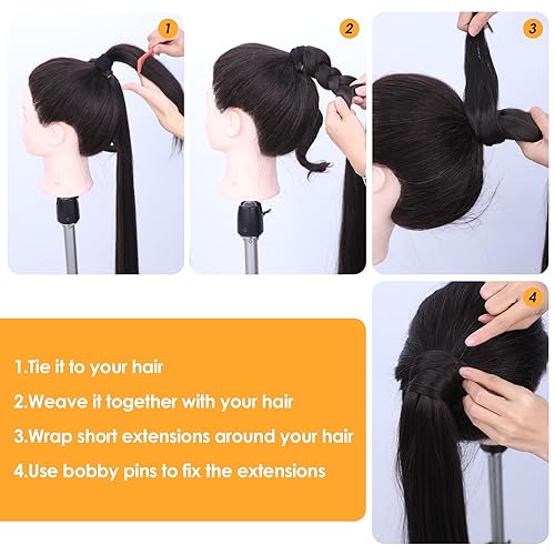 Miniatura 8 de WIGNEE Extensión de cola de caballo larga trenzada para mujeres negras, extensiones de cabello lacio envolvente, extensiones de cabello sintético