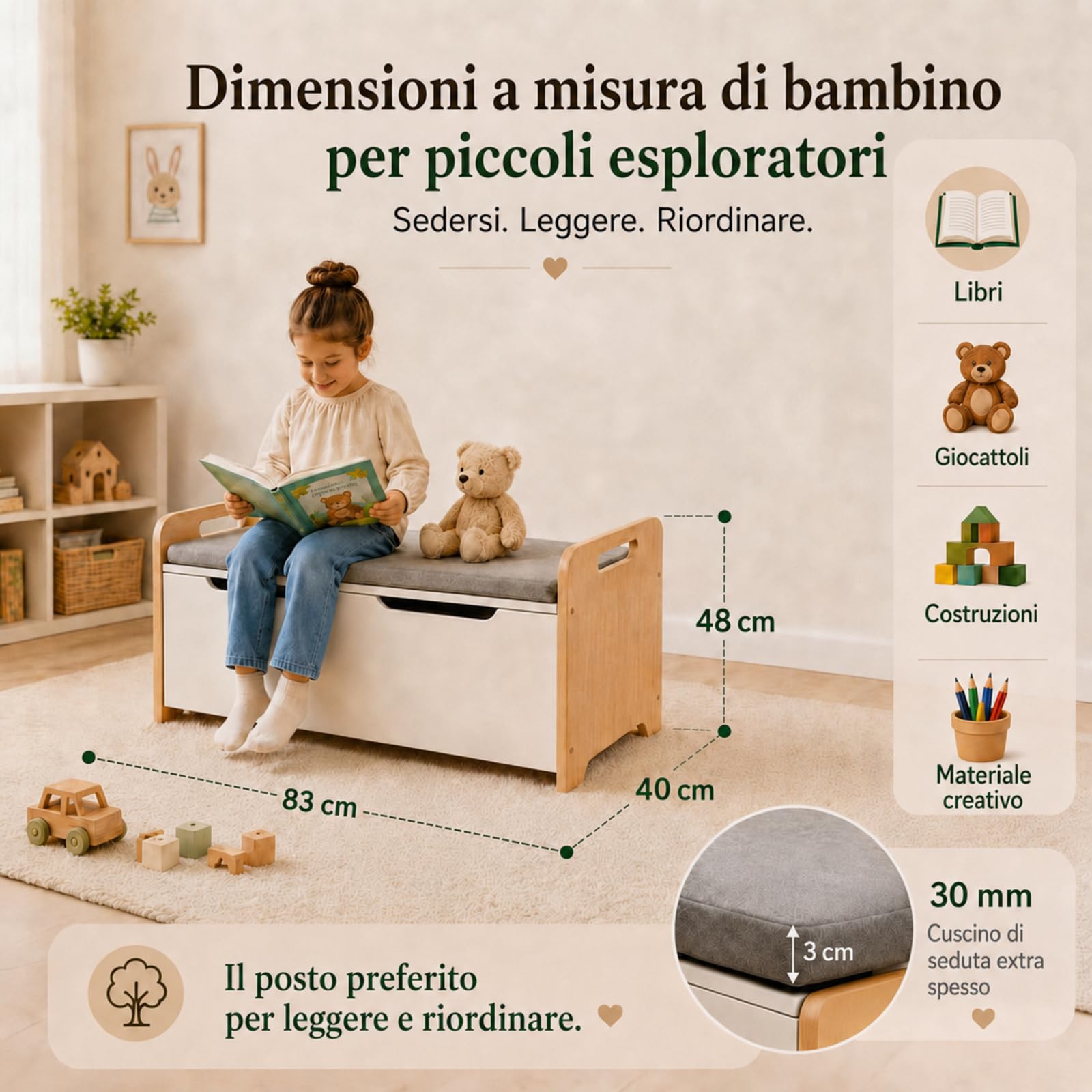 ALVIX Cassapanca per giocattoli per bambini con spazio per riporre
