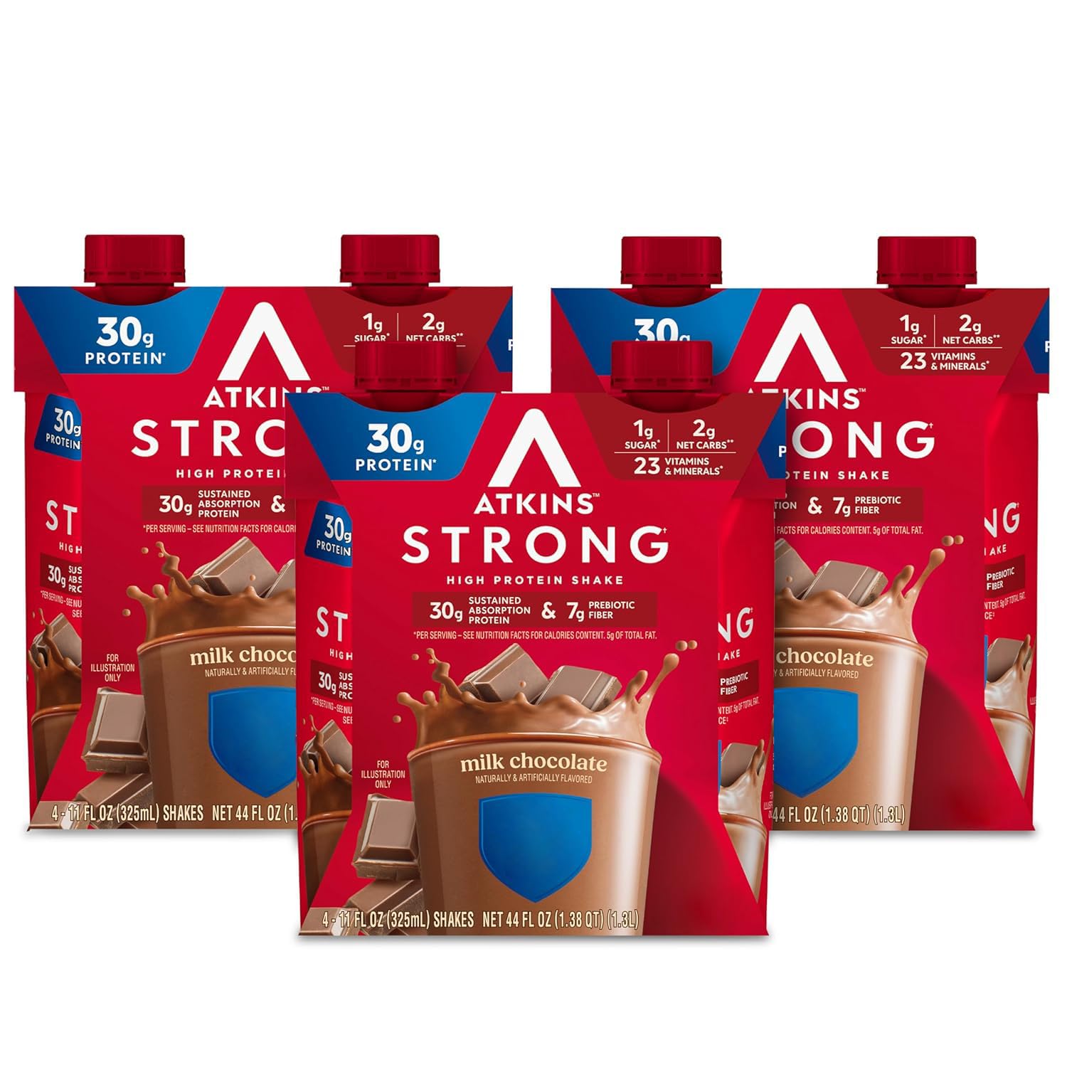 Atkins Strong High Protein Shake, Milk Chocolate Flavored, 30g Protein, Low Carb and Low Sugar Shake, Keto Friendly, Gluten Free Ready to Drink Shake, Muscle and Gut Health Support Complex, 12 Count