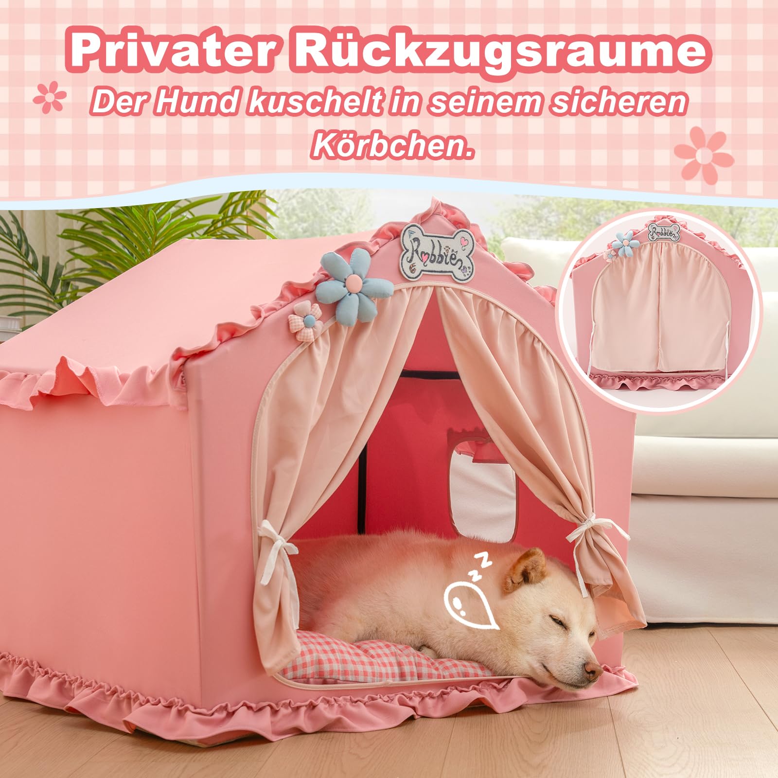 Jiupety Hundehöhle Hundehütte Indoor mit Rahmen, Waschbare, Zusammenklappbare Hundezelt, Hundehaus für Drinnen, Belüftbares Hundebett mit Dach für 9-18 kg, L Größe 64x64x64 cm, Pink