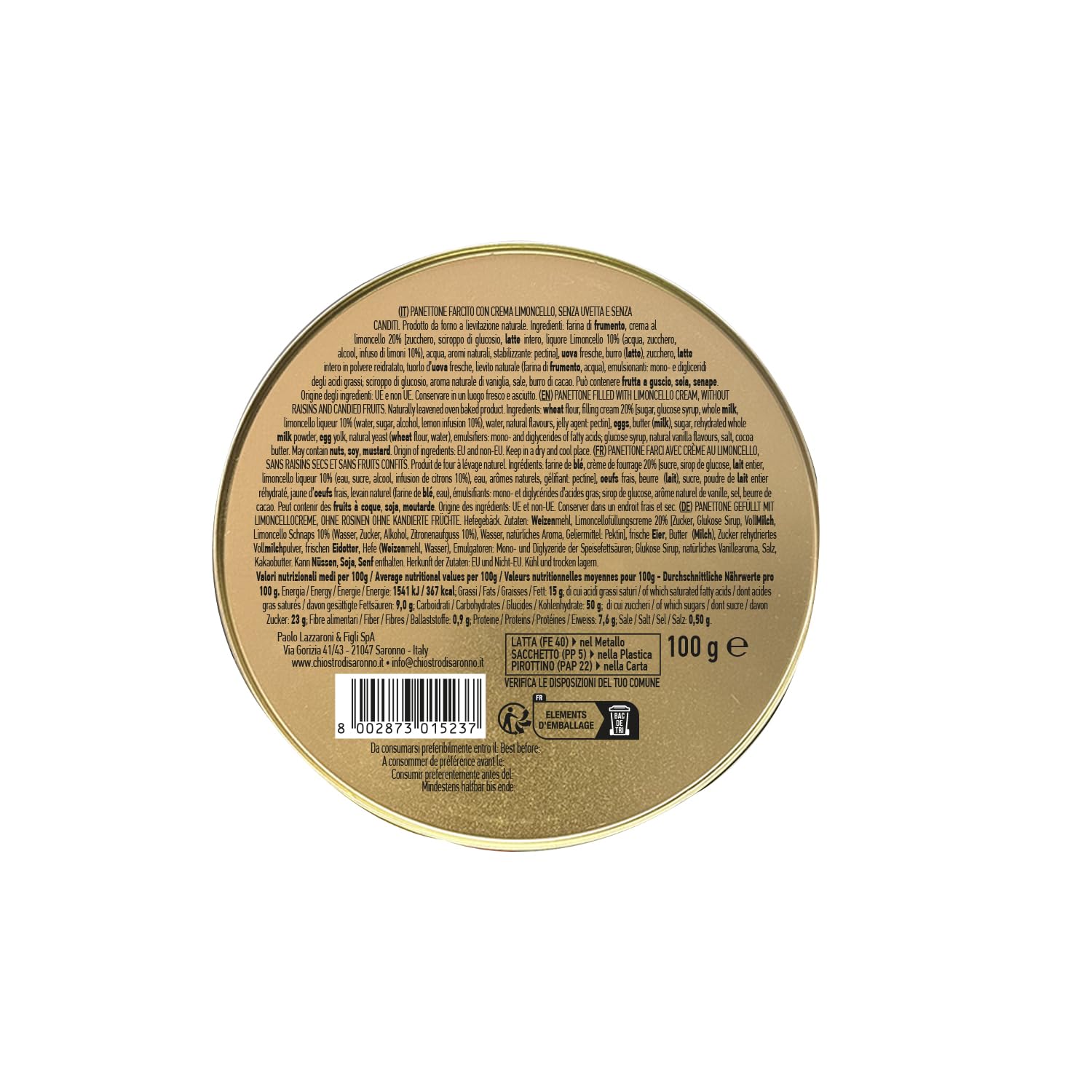 Chiostro di Saronno Handwerklicher Mini-Panettone mit Limoncello-Creme 100 g, Langsam Fermentierter Panettone, Limoncello-Panettone, Ohne Kandierte Früchte und Sultaninen, Grüne Blechdose