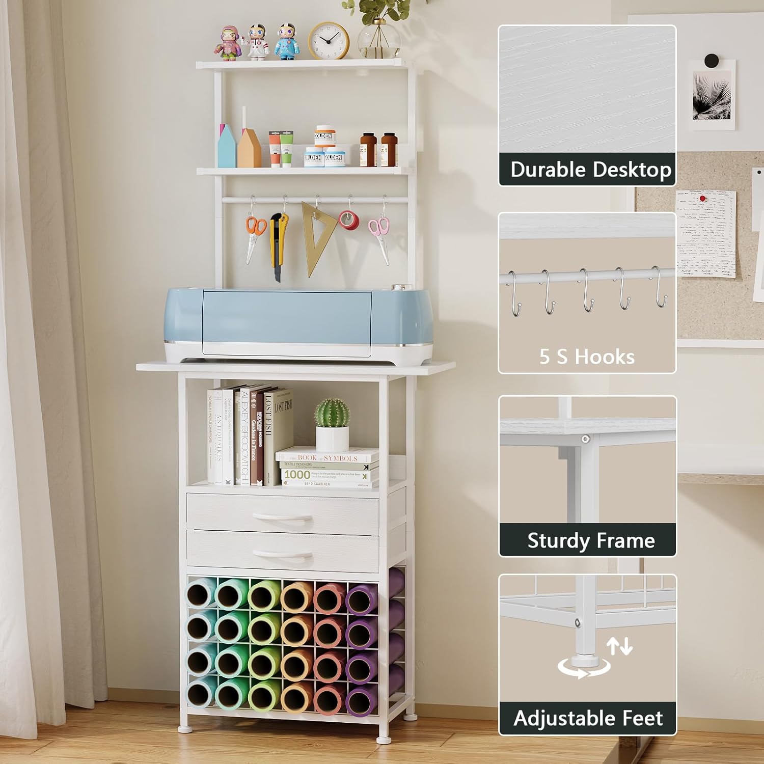 Craft Organizers and Storage Cart with Fabric Drawer, Craft Table for Cricut Machines, 4 Tiers Crafting Desk Vinyl Roll Holder, Crafting Table Workstation for Craft Room Home, White