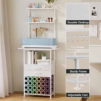 VENNQD Craft Table for Cricut Machines, Organizers and Storage Cart with Fabric Drawer, Crafting Desk Vinyl Holders, Crafting Table Organization Workstation for Craft Room Home, White