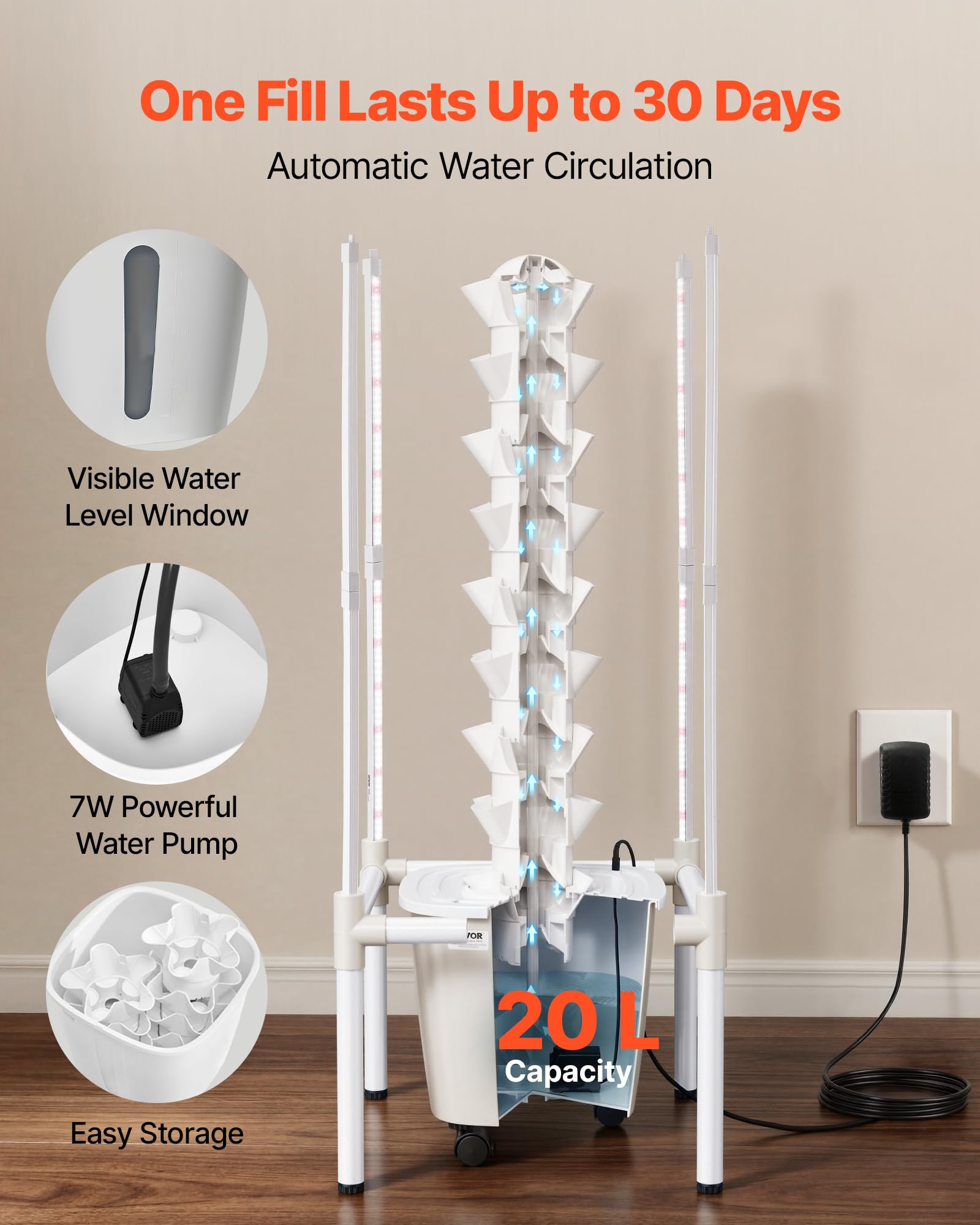 VEVOR Kit de Cultivo Hidropónico, Sistema de Torre Hidropónica de 9 Niveles 45 Agujeros, con Luces de Crecimiento Control por App Ruedas Bomba de Agua, Depósito de 20 L, para Hierbas Frutas Vegetales