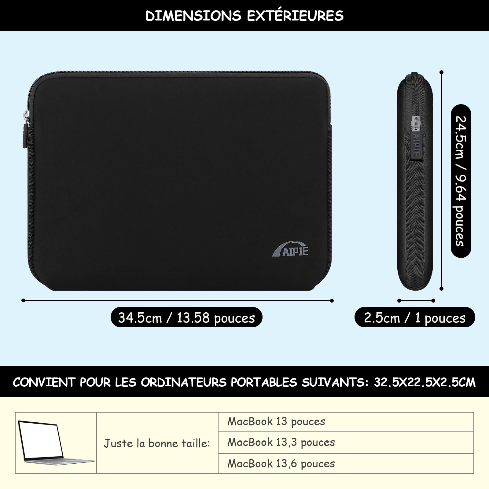 Housses pour MacBook 13 Pouces MacBook Air Pro M1 M2, Surface Pro Sac Pochette de Protection Ordinateur Portable Compatible Apple (32x23x2,5cm, Noir)