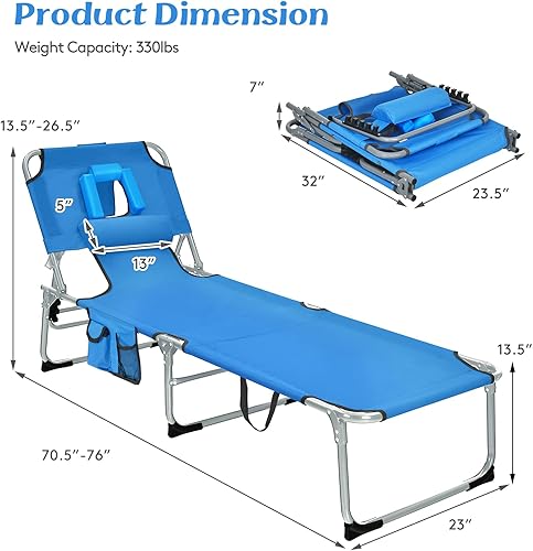 Miniatura 2 de GYMAX Silla de bronceado, silla de playa con orificio facial, respaldo ajustable de 5 niveles, almohada extraíble y asa de transporte, silla de baño