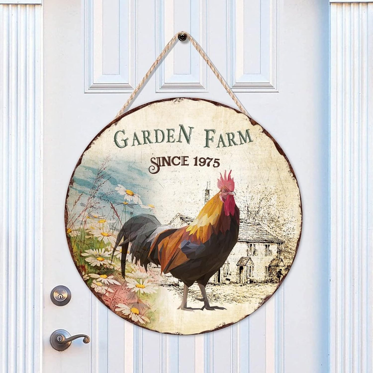 Vintage Front Door Sign, Garden Farm Since 1975 Wood Door Sign, Art Font 16x16in Wall Door Hanging Sign Farmhouse Front Porch Decor Housewarming Gifts