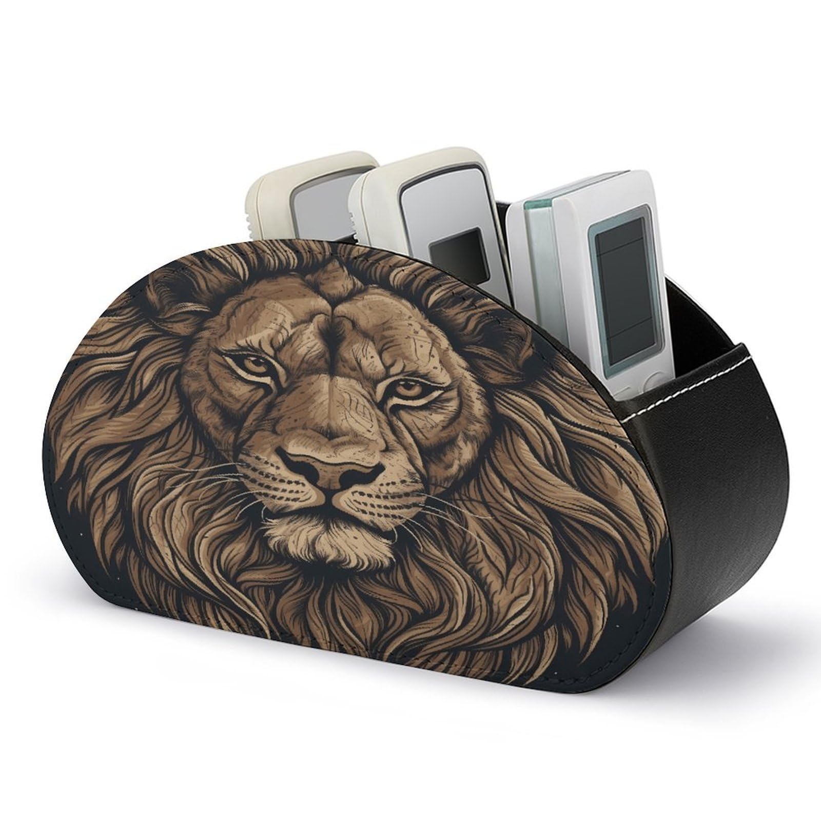 VstaDank Cartoon Lion Remote Control Holder with 5 Compartments PU Leather TV Remoter Caddy Desktop Organizer TV Remote Holder Remote Box for Media Controllers Office Supplies