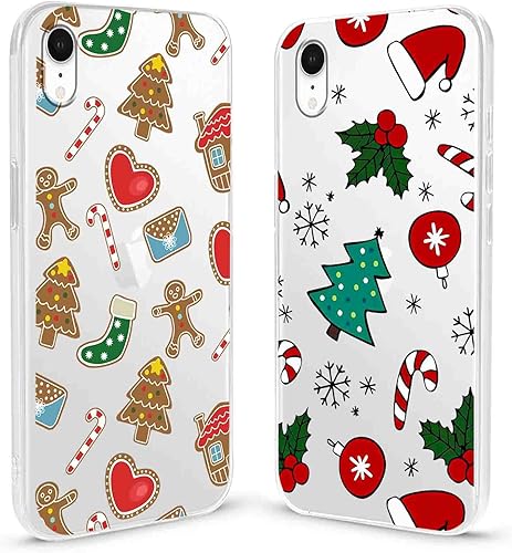 Paquete de 2 fundas transparentes de Navidad para iPhone XR de 6.1 pulgadas, bonito patrón de bastones de caramelo de Navidad, resistente al