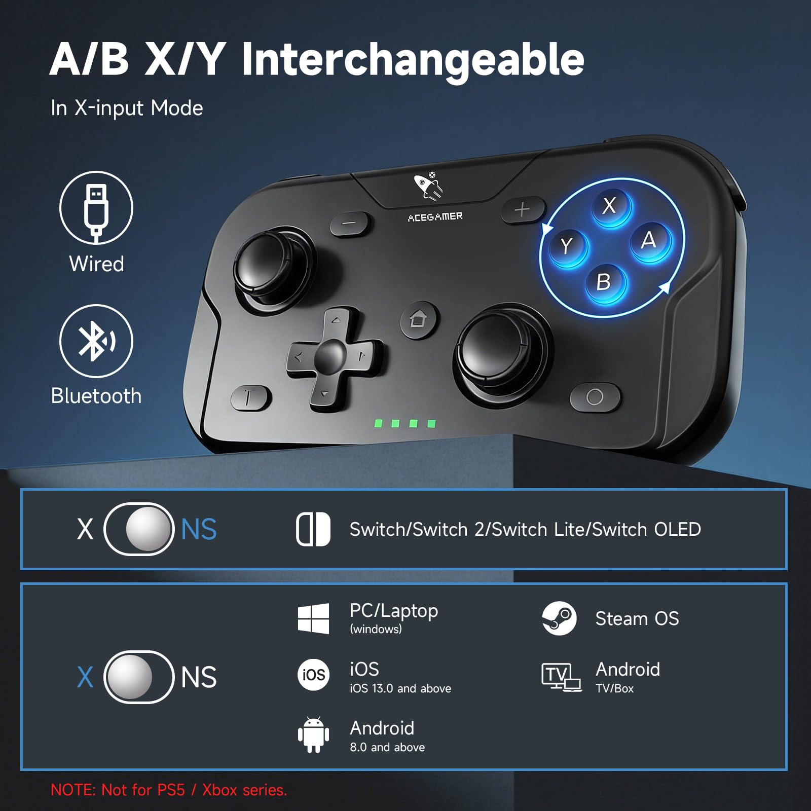 AceGamer Pocket Controller, Mando inalámbrico para Switch/PC/iOS/Android, minicontrolador con Joystick, Turbo, Sensor giroscópico de 6 Ejes y activación con un Solo botón（Negro）