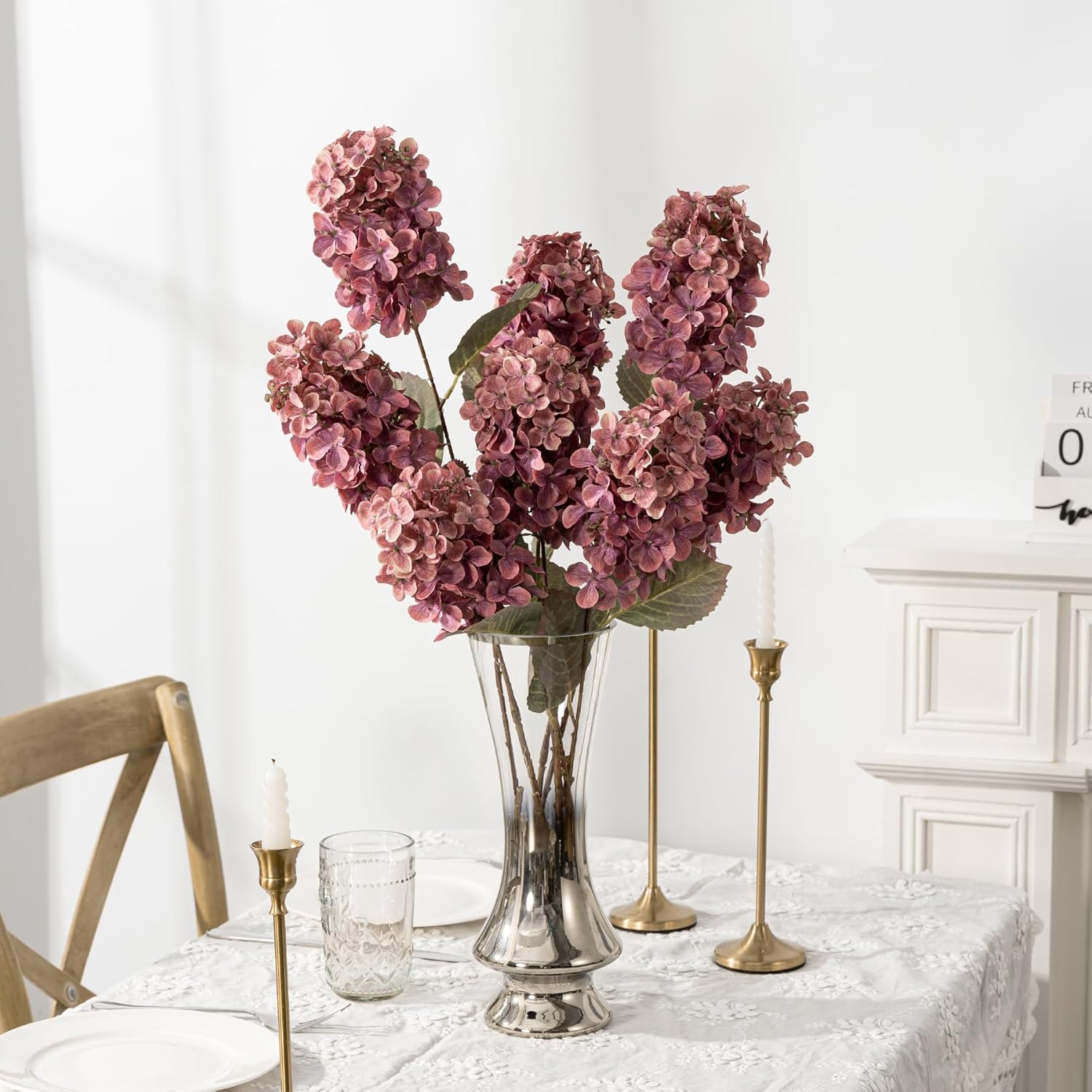 Burgundy Hydrangea Artificial Flowers,Fall Hydrangeas Artificial Flowers, Fake Fall Dried Hydrangea Decoration,Faux Silk Flower with Stems Winter Decor(Red Rose 24" 8pcs) Without Vase - Image 9