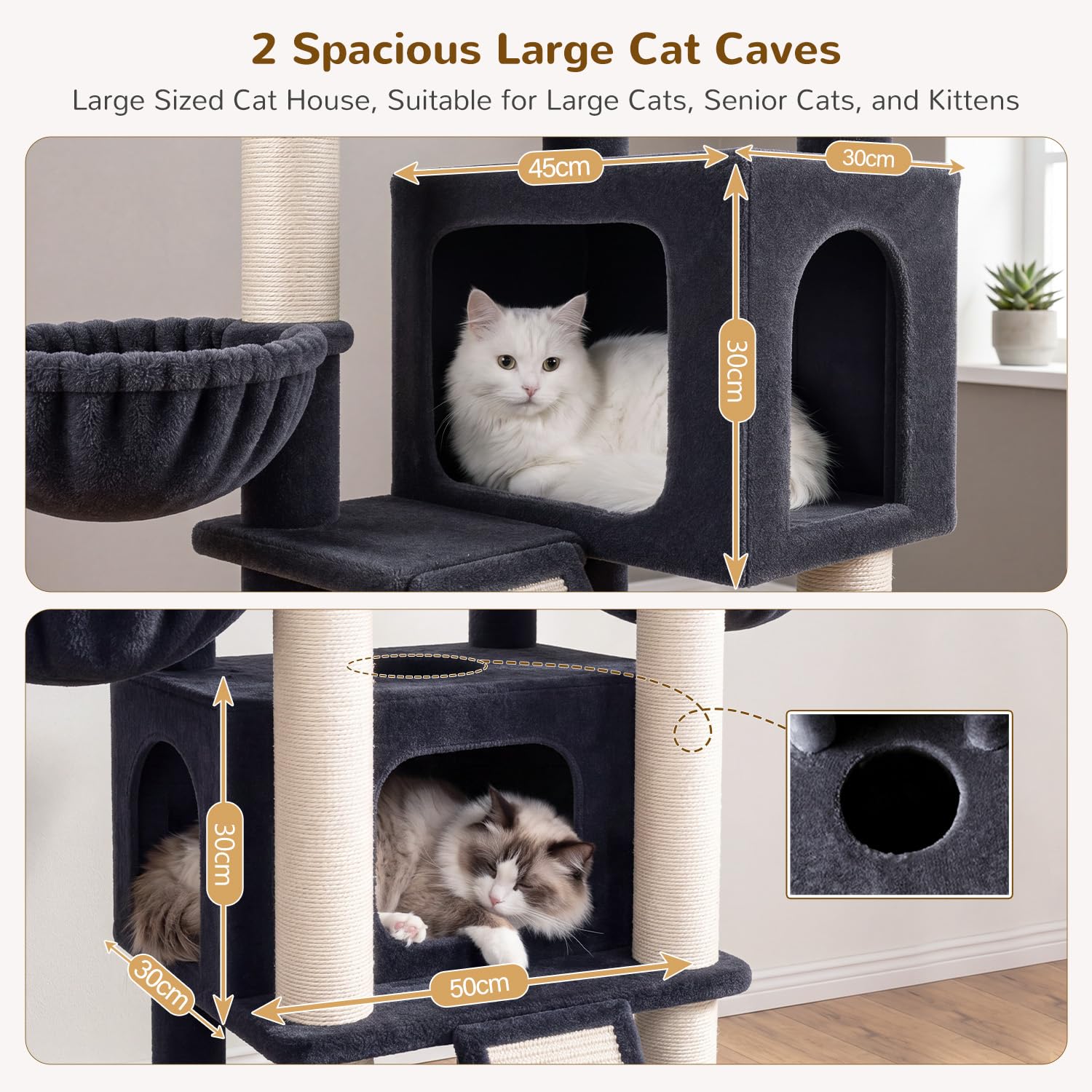 Globlazer Árbol Rascador XXL para 3-4 Grande Gatos 200 cm con 2 Inmenso Nidos, Plataformas 50*30*30CM, 3 Cesta, 2 Rascar Sisal, Estable Torre Gato para Vario Gatos Adultos Interior (F78, Gris Oscuro)