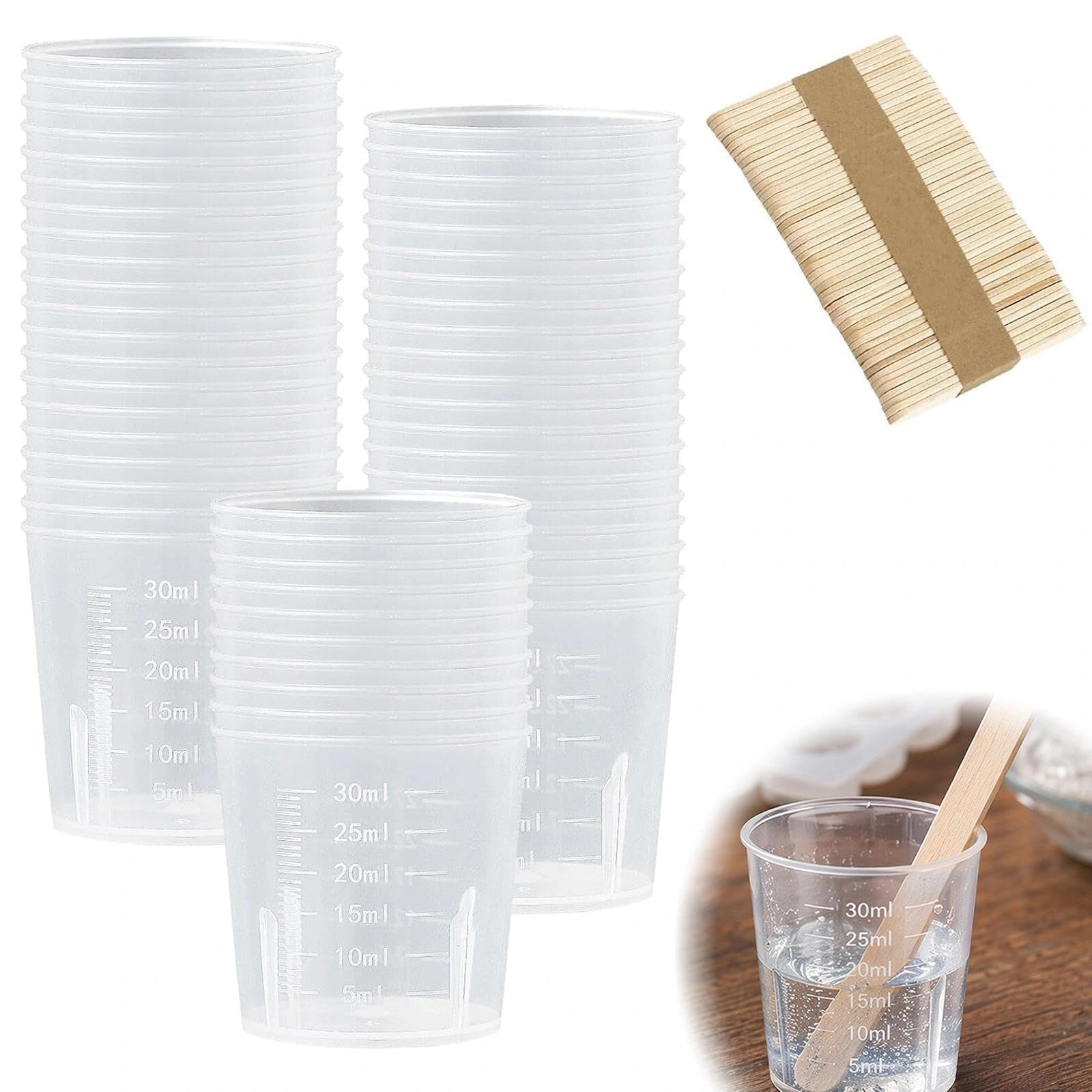 50 Pcs 30ml Plastic Measuring Cups with Scale, Clear Resin Mixing Cups with 50Wooden Stirring Sticks for Precise Dosing of Liquids, Paint, Pigment, Craft, Kitchen, Epoxy