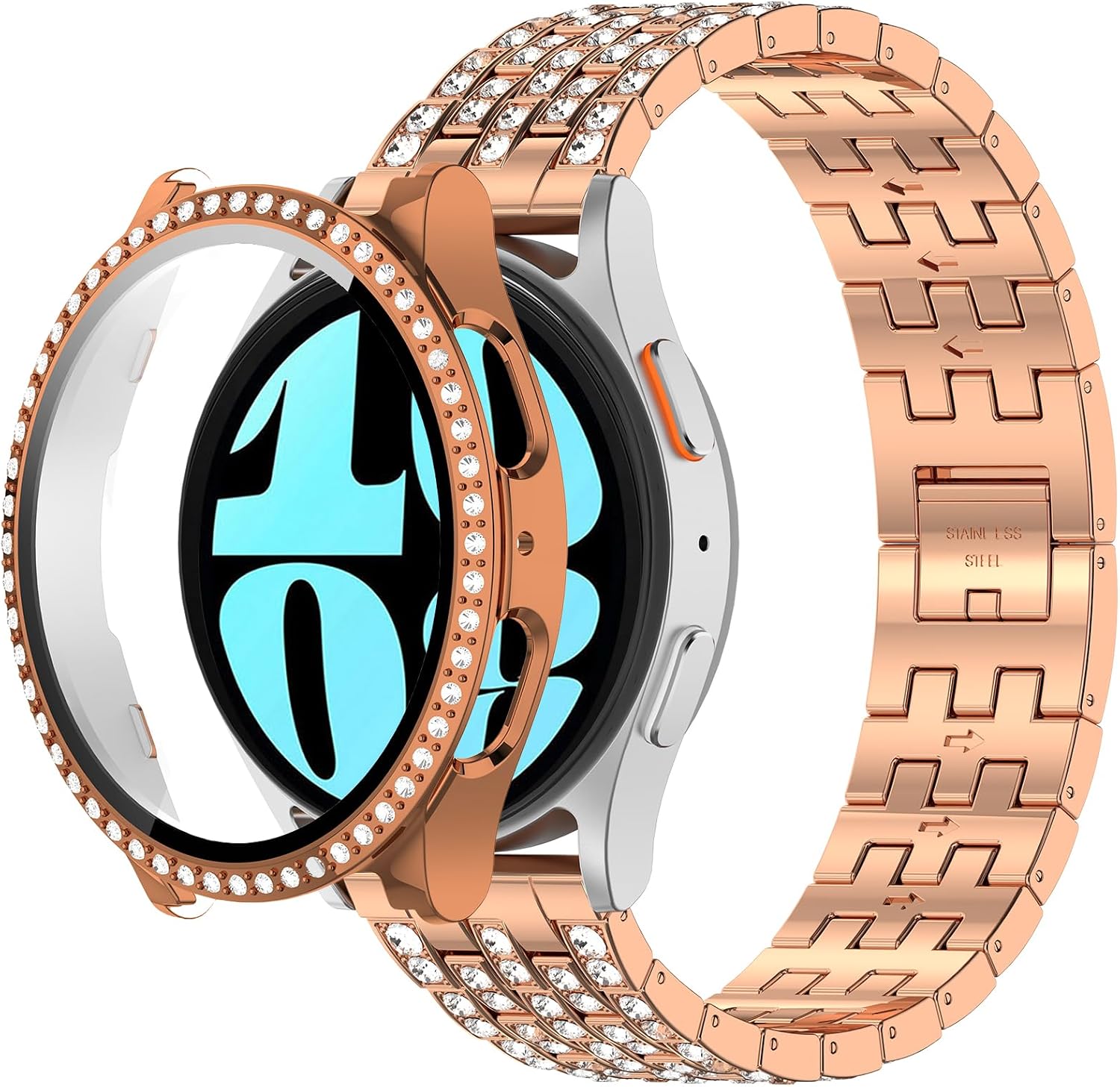 Compatible with Samsung Galaxy Watch 6 40mm 44mm Bling Metal Watch Band 20mm with Rhinestone Case Cover for Women Men