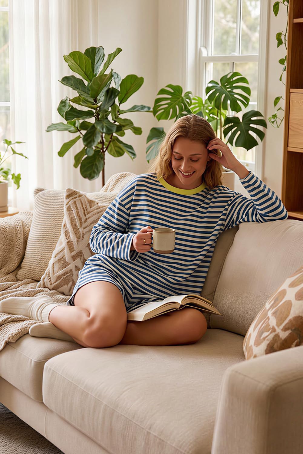 Women 2 Piece Short Sets Outfit Casual Striped Long Sleeve Sweatshirt and Shorts Matching Lounge Set with Pocket - Image 4