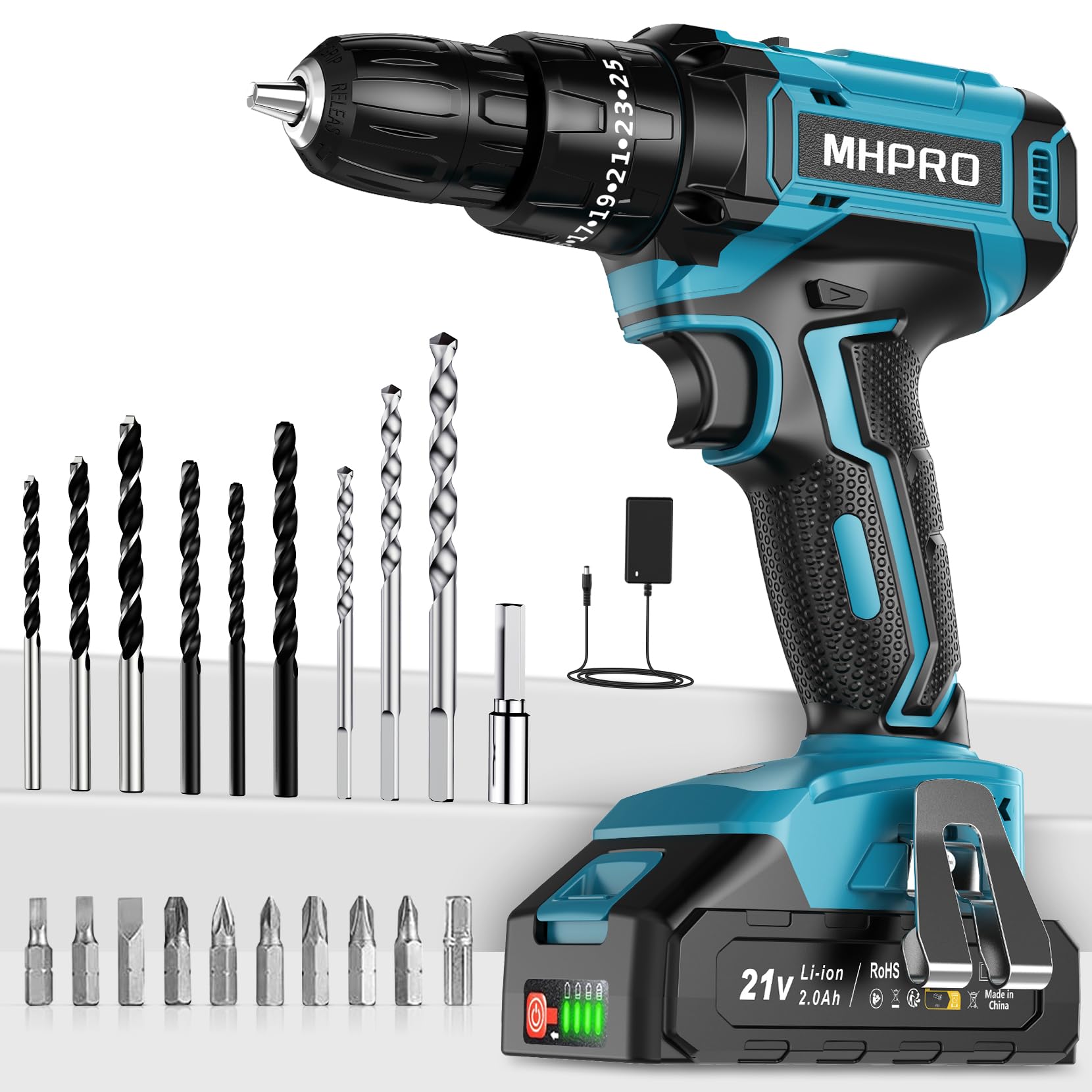 MHPRO Taladro Percutor a Bateria 21V, Taladro Atornillador Bateria, 42N.m Atornillador Electrico con Batería 2.0Ah, 25+3 Ajuste de Par, 24 Accesorios, 2 Velocidad, LED Luz Para Hogar, Bricolaje