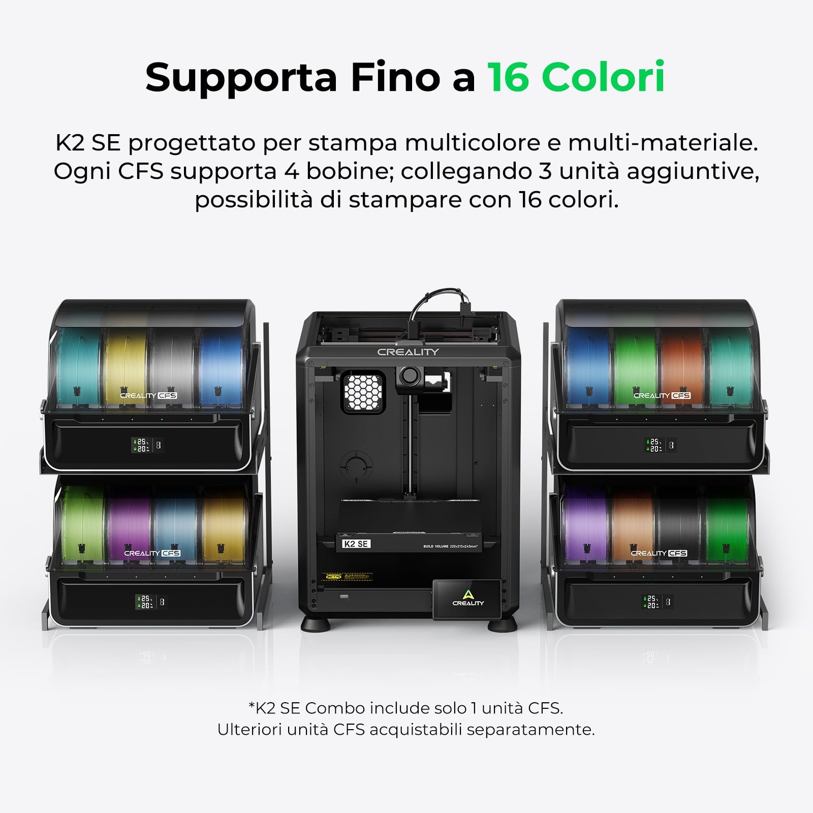 Creality K2 SE Combo Stampante 3D - Max Stampa 500mm/s, Leveling Automatico Totale, Stampa Multicolore con CFS, Telaio Metallo Solido, Estrusore Diretto, 220×215×245mm