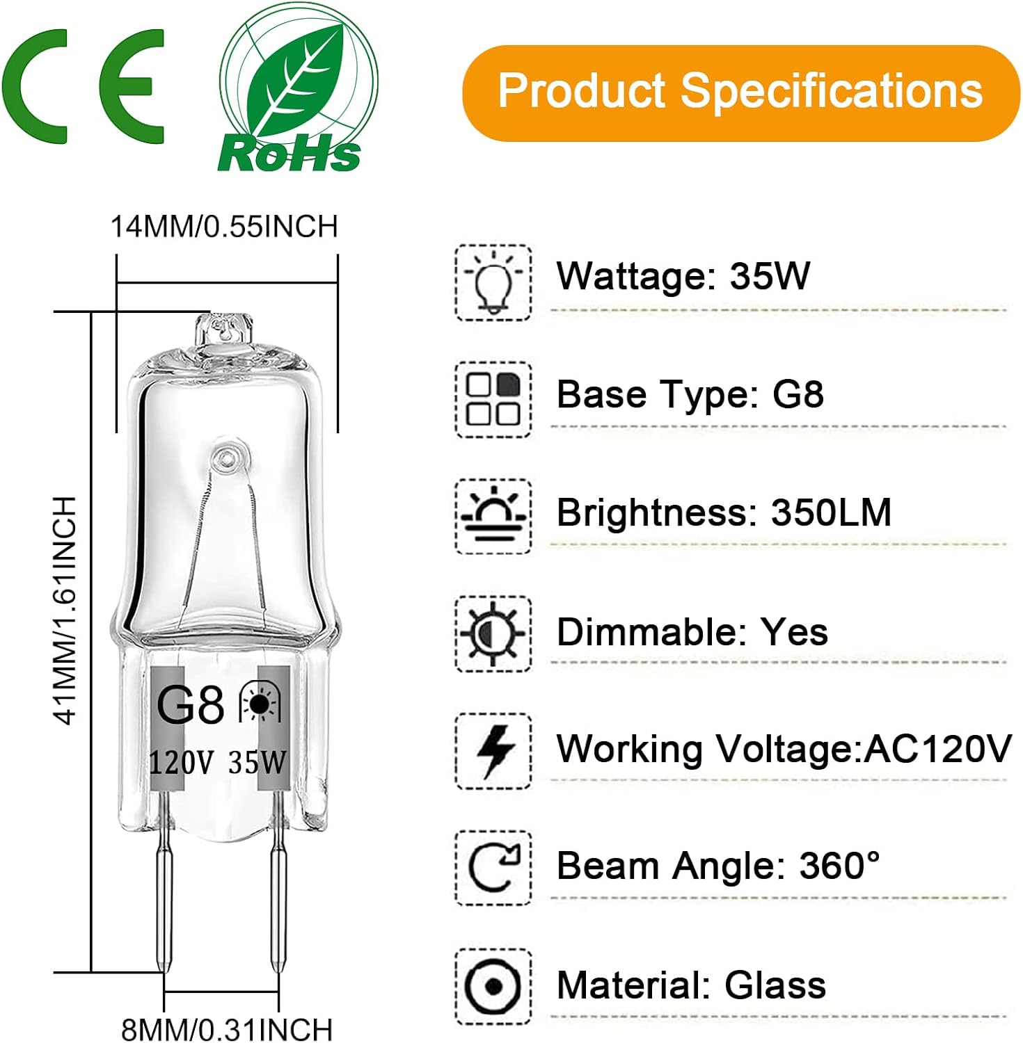 G8 Halogen Light Bulbs 35W 120V G8 Base 2Pin Dimmable Xenon Bulb T4 JCD Type Warm White 2700K for Kitchen Hood, Landscape Lights, Desk and Floor Lamps, Wall Sconces (10 Pack)
