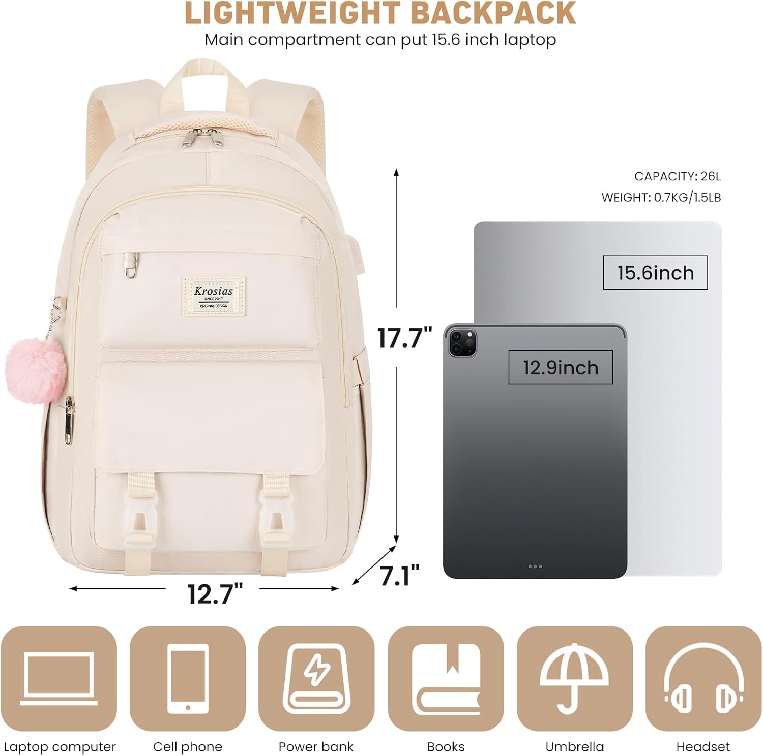KROSIAS School Backpack for Girls Teens, Cute Aesthetic College Backpacks Large 15.6 Inch Laptop Bag Preppy Bookbag for Women Students Travel (Beige)