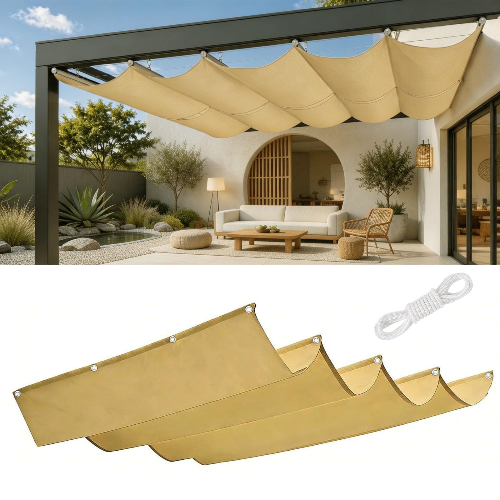 Rétractable Vague Voile-D'Ombrage 1.8 x 9 m Protection UV 98% PES Résistant à l'eau Durable Résistant et Respirant Toile d'ombrage Ajourée pour Patio Jardin Terrasse, Jaune Sable