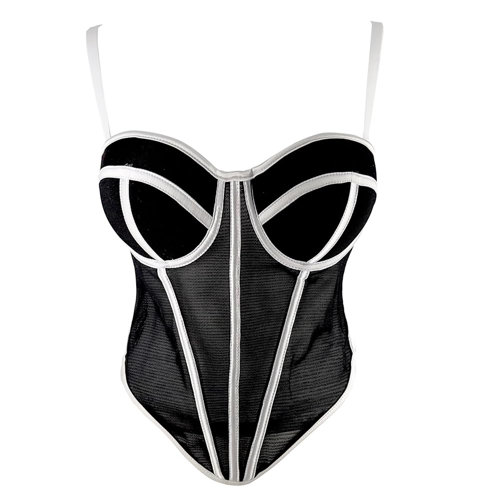 ELLACCI Women's Black Mesh Corset Top with White Trim