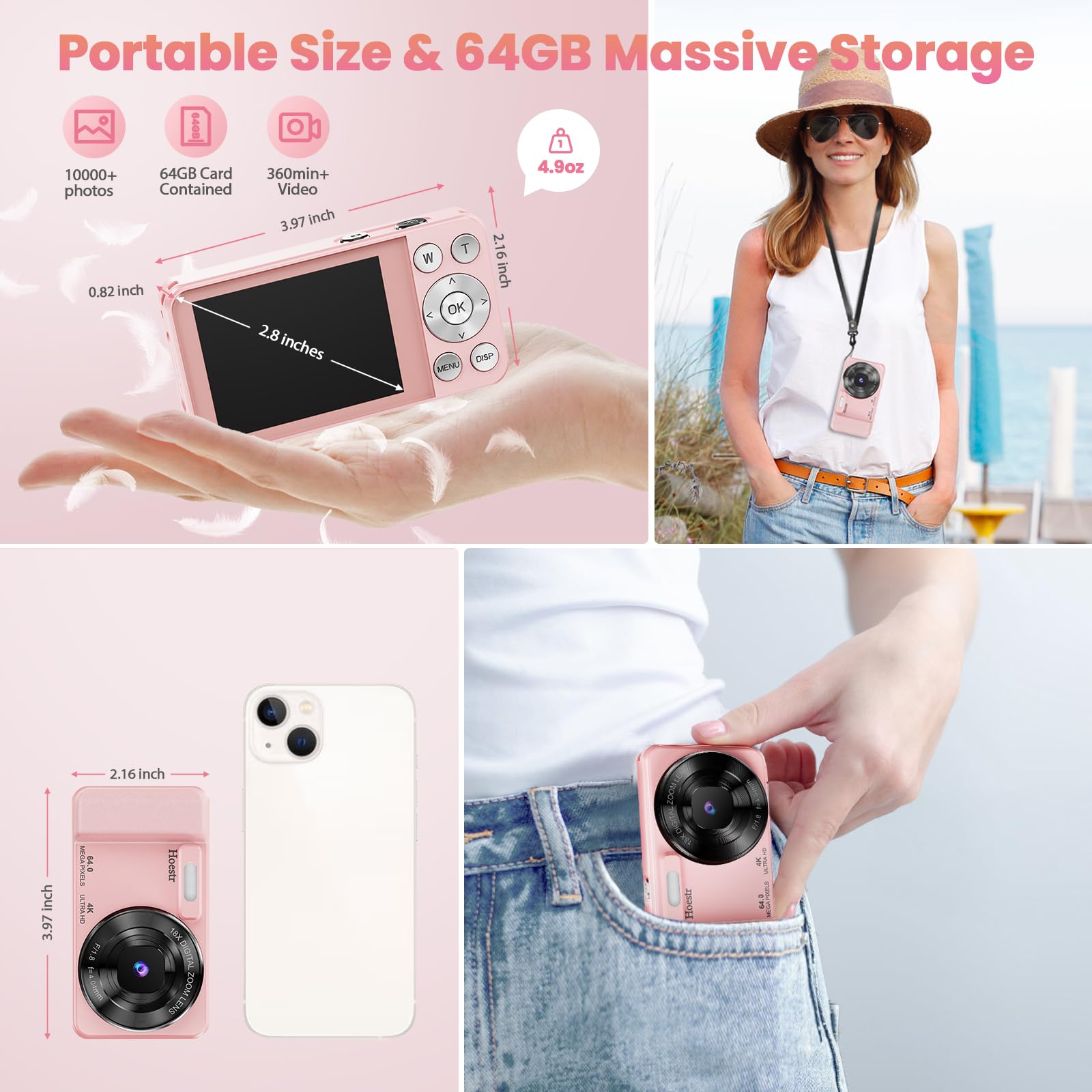 Fotocamera digitale da 64 MP 4K, zoom 18x, fotocamera compatta con messa a fuoco automatica, con scheda TF da 64 GB, flash, schermo LCD da 2,8 pollici, per adolescenti, adulti, principianti