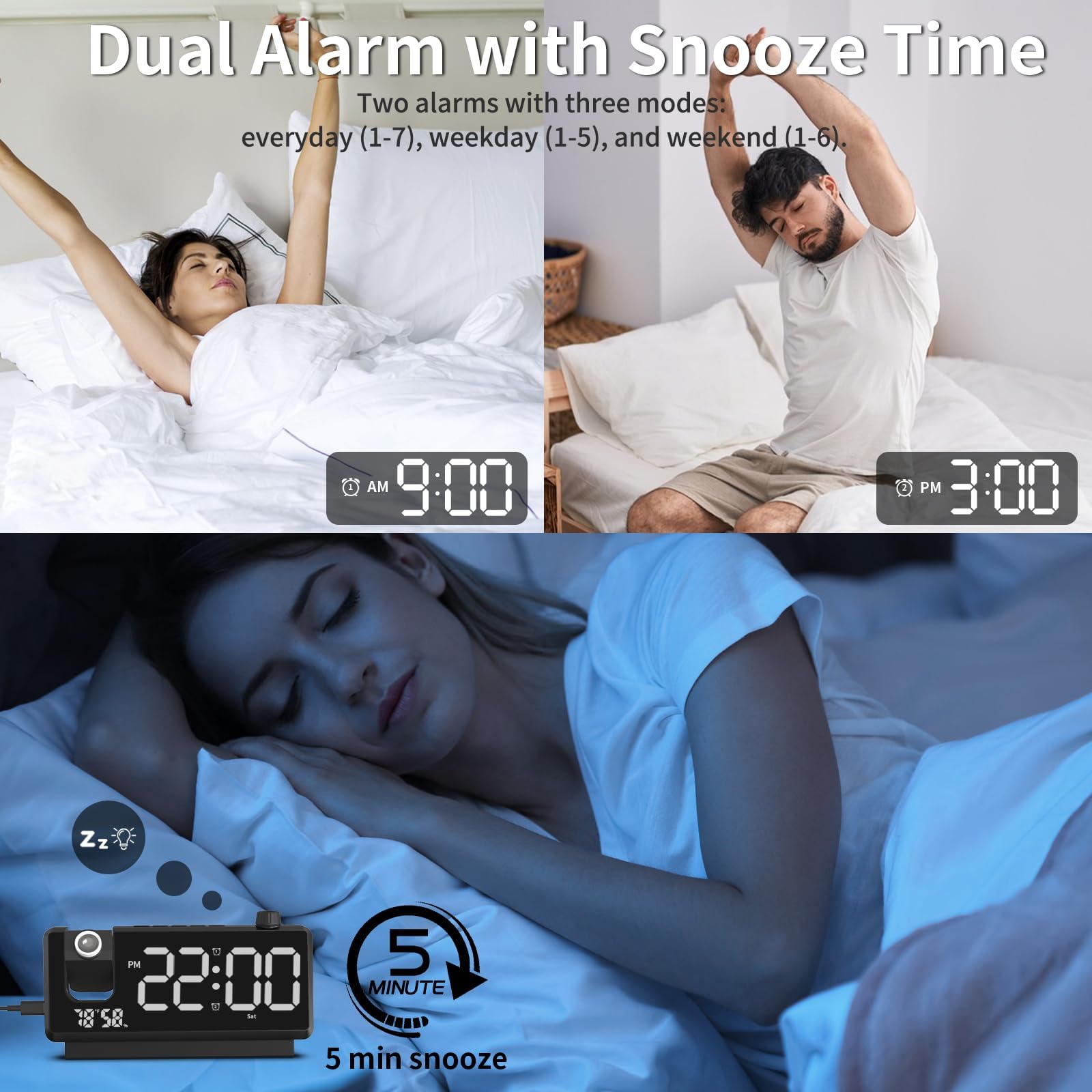 Reloj despertador de proyección para dormitorio, reloj digital de cara de espejo con proyector de 180° en la pared del techo, regulador de intensidad de 3 niveles, puertos de carga USB, alarma dual
