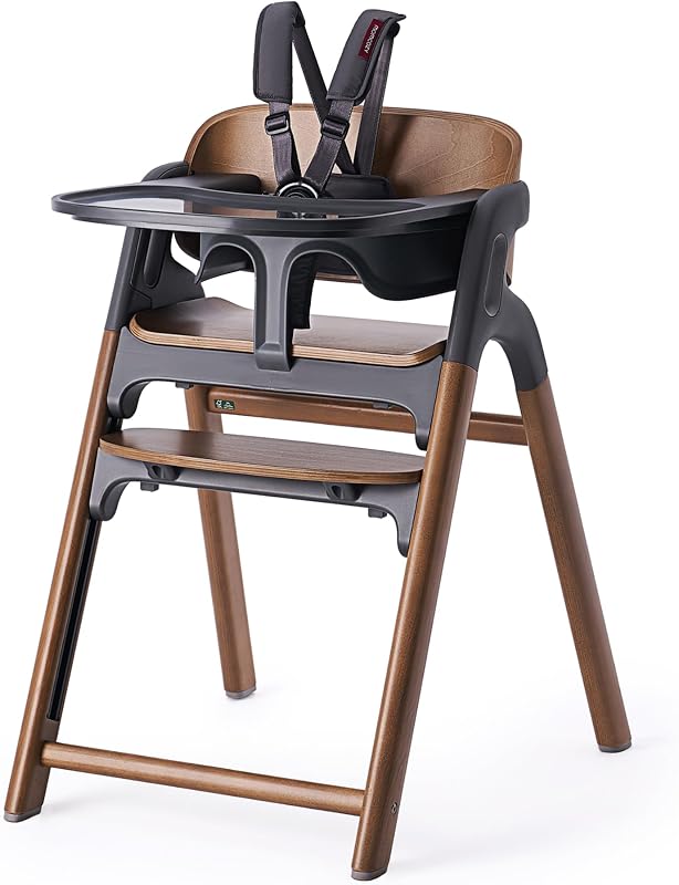 Momcozy 5-in-1 Convertible Wooden High Chair for Babies & Toddlers, Walnut | Food-Grade Tray, Baby Set with Removable Harness, Toddler Tower, Adjustable Ergonomic Design