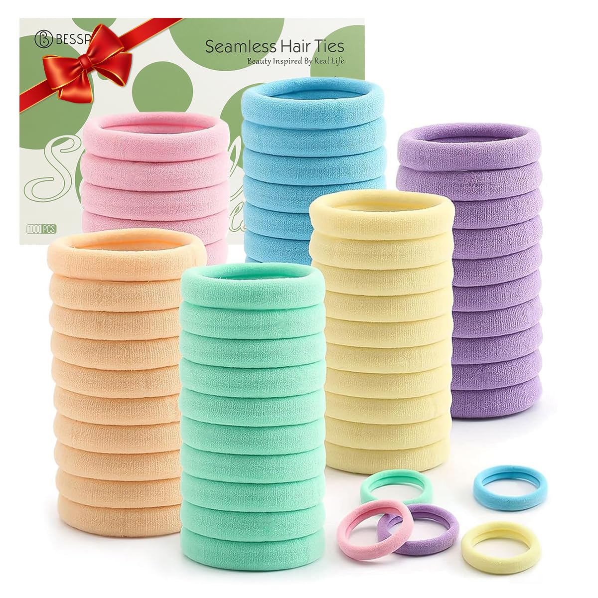 Bessrung 100 Pcs Thick Seamless Spring Hair Ties, Ponytail Holders Hair Accessories No Damage for Thick Hair (Spring Colors)