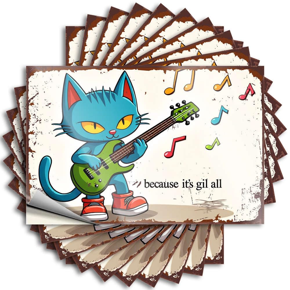 Tattoo High Goods Waterproof - A Cartoon Cat Playing A Guitar with Musical Notes Around It Window Self Adhesive Decal for Coffee Use(6X9CM)