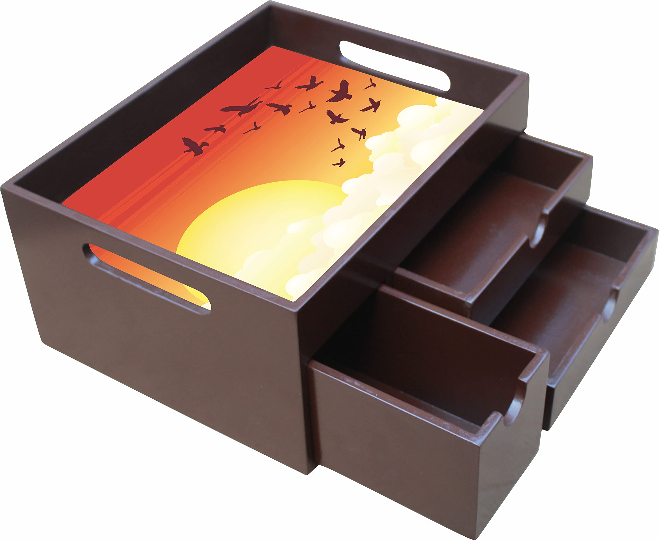 Enigmatic WoodworksWooden Tray with Multi Drawer | Kitchen Use or Home Decor | 10 X 5 x 8 Inches | Brown Color (Sunset Scene Theme)