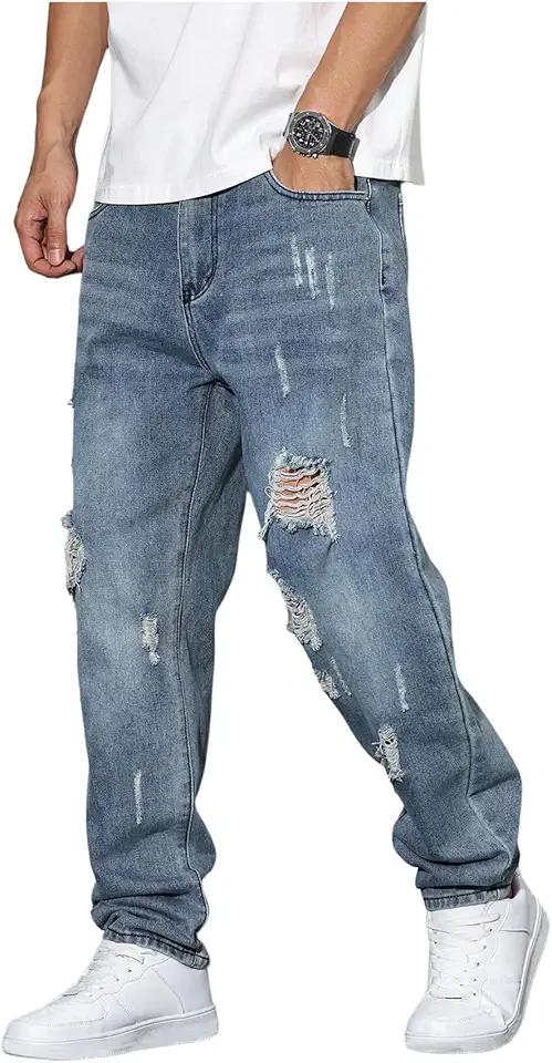 Verdusa Men's Vintage Distressed Ripped Jeans Straight Leg Denim Pants with Pockets