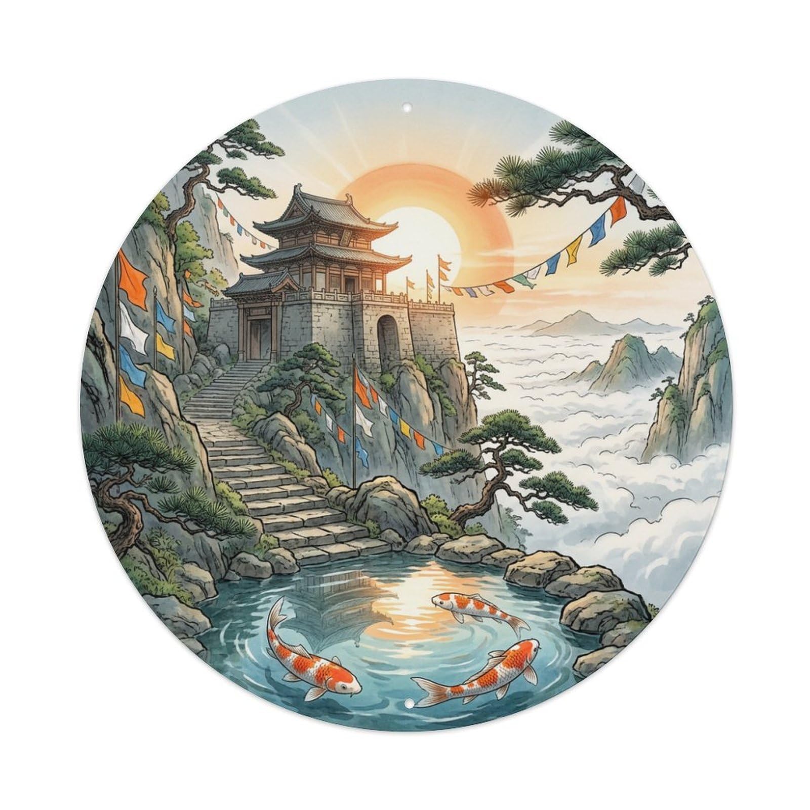 Galvaxio Style Japanese Mountain Temple Koi Fish Cloud Sea Metal Tin Sign
