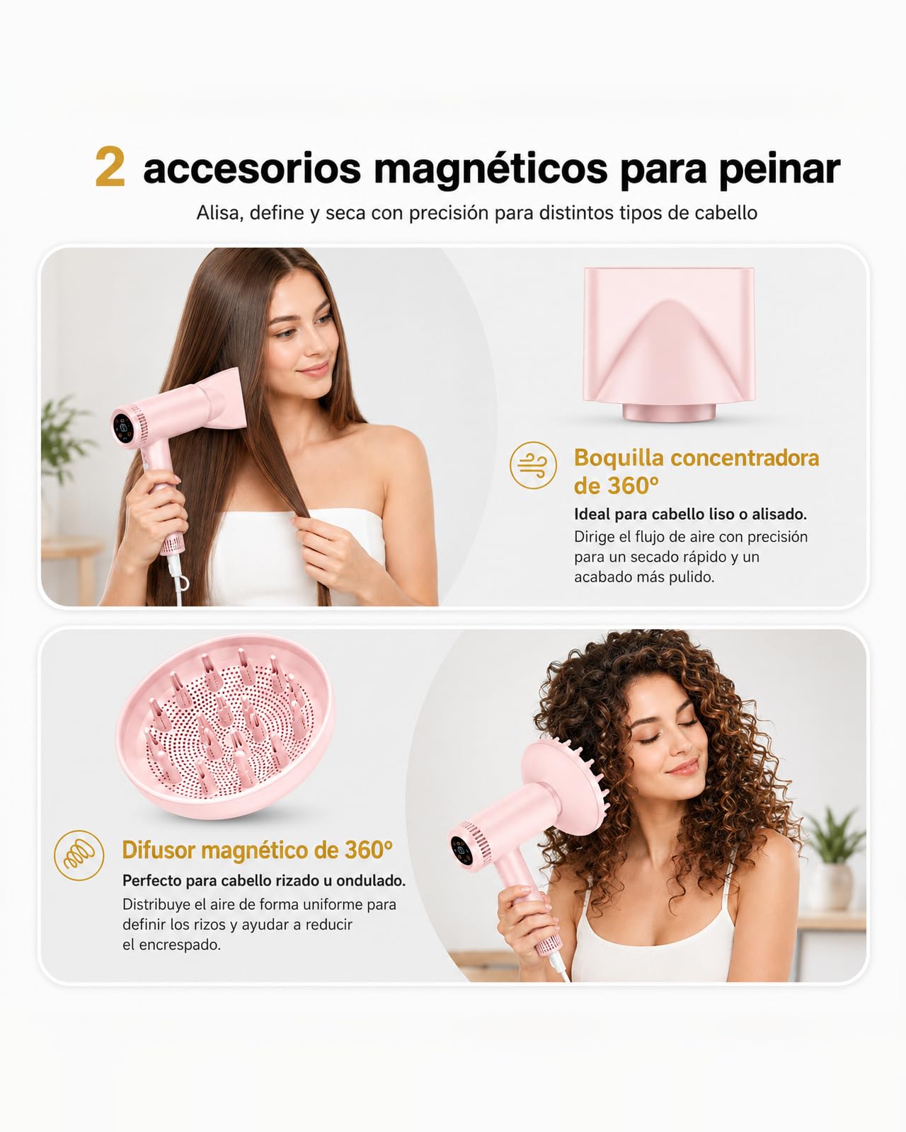 Secador de Pelo Profesional Iónico 160.000 RPM Secado Rápido | 500M Iones Negativos Antiencrespamiento, 9 Temperaturas, Control Inteligente, Autolimpieza, Difusor y Boquilla Magnética