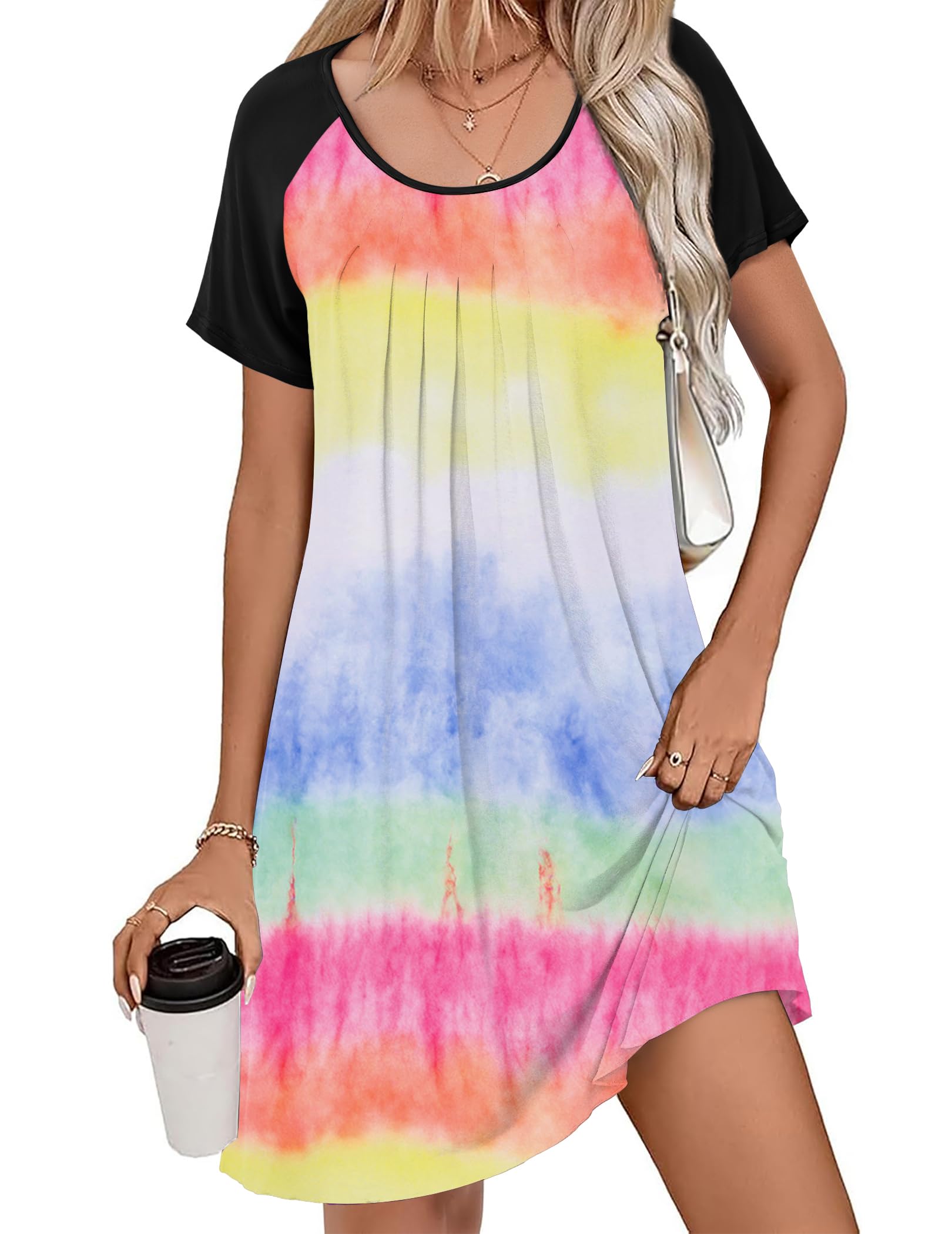 Ekouaer Sleep Shirts for Women Short Sleeve Nightshirts Pleated Nightgowns Loose Fit Night Dress Soft Sleepwear Tie Dye Multicolor S