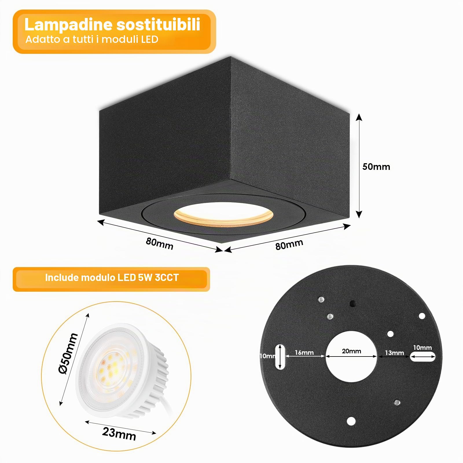 Faretto LED da Superficie IP44 Nero, Faretti da Soffitto quadrato Ø80x50mm con modulo LED 5W 550LM, 3CCT 3000K/4000K/6500K Faretti da Bagno 230V, Faretto Dimmerabile Extra Piatto, Alluminio, 2pcs