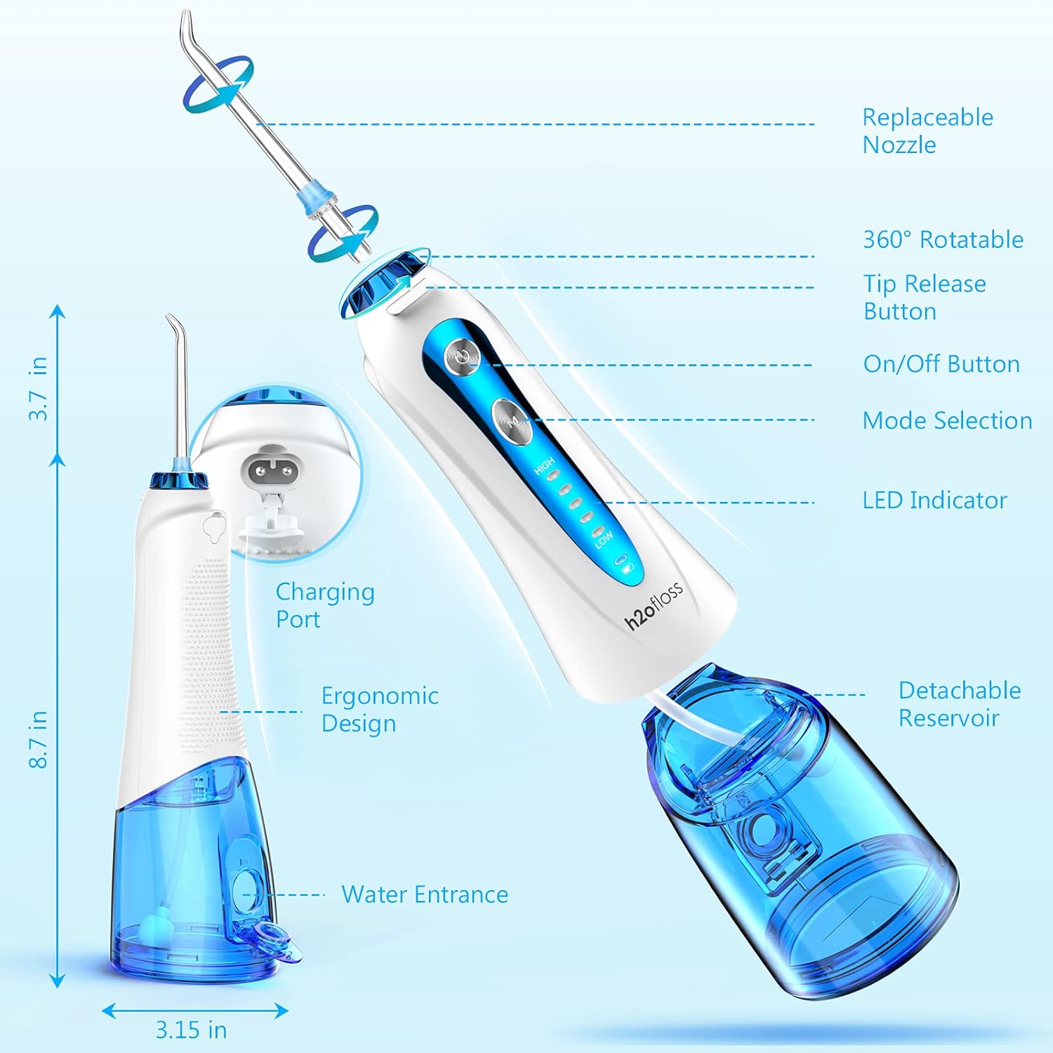 H2ofloss Cordless Water Dental Flosser, Rechargeable IPX7Waterproof Portable Oral Irrigator for Home Travel，5 Modes and 6 Jet Tips for Family, Braces & Bridges Care[2021 Newest] : Beauty & Personal Care