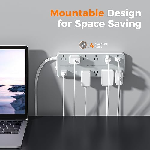 Miniatura 6 de TESSAN Regleta protectora de sobretensiones, cable de extensión con múltiples tomas, 12 salidas de CA, 3 puertos USB (1 USB C), enchufe de pared