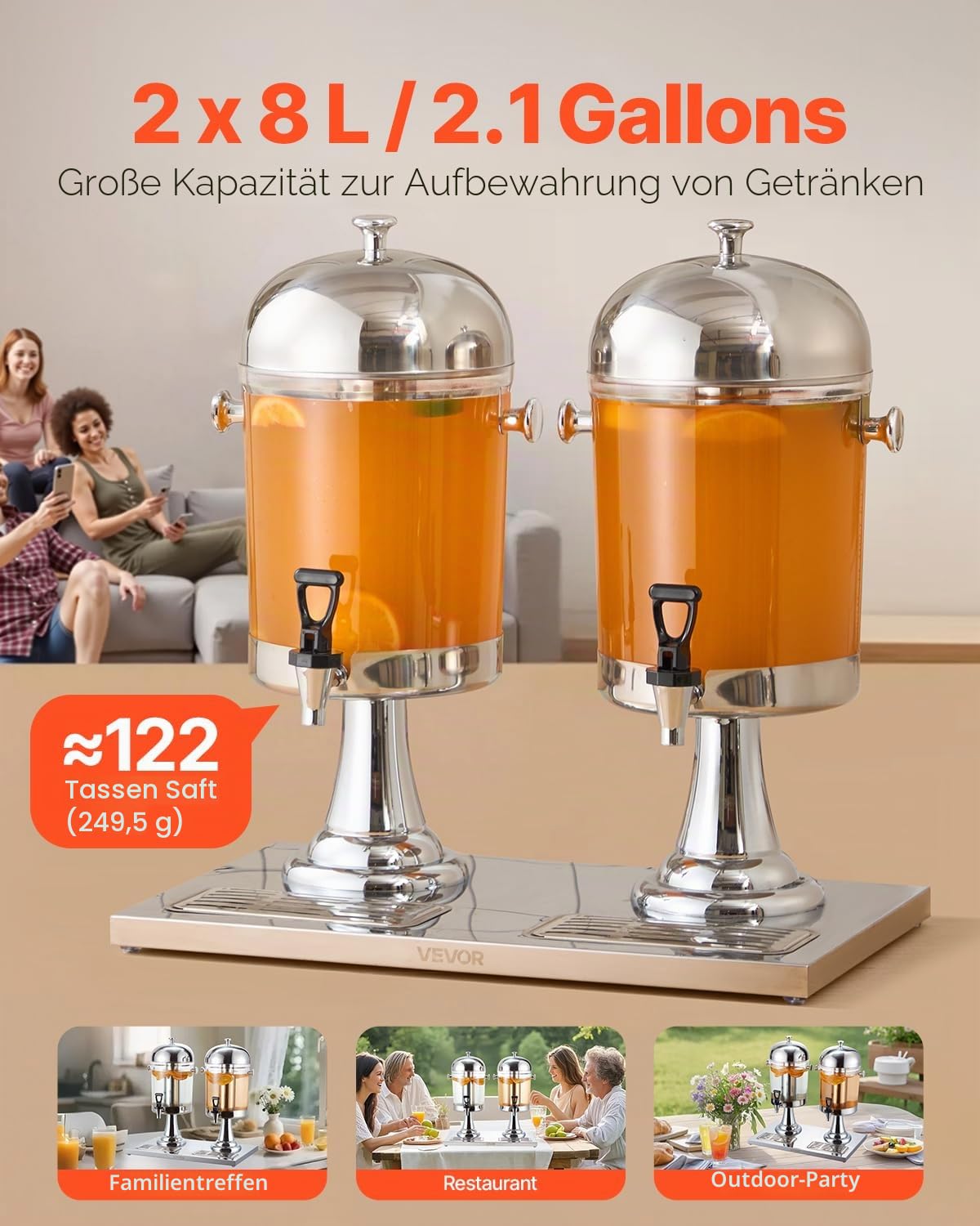 VEVOR Getränkespender (2 x 8 L) für Partys Saftspender (aus Edelstahl + Polycarbonat) mit tropfsicherem Zapfhahn & Sockel Wasserspender für Restaurants Partys, selbstgemachte Getränke Spender
