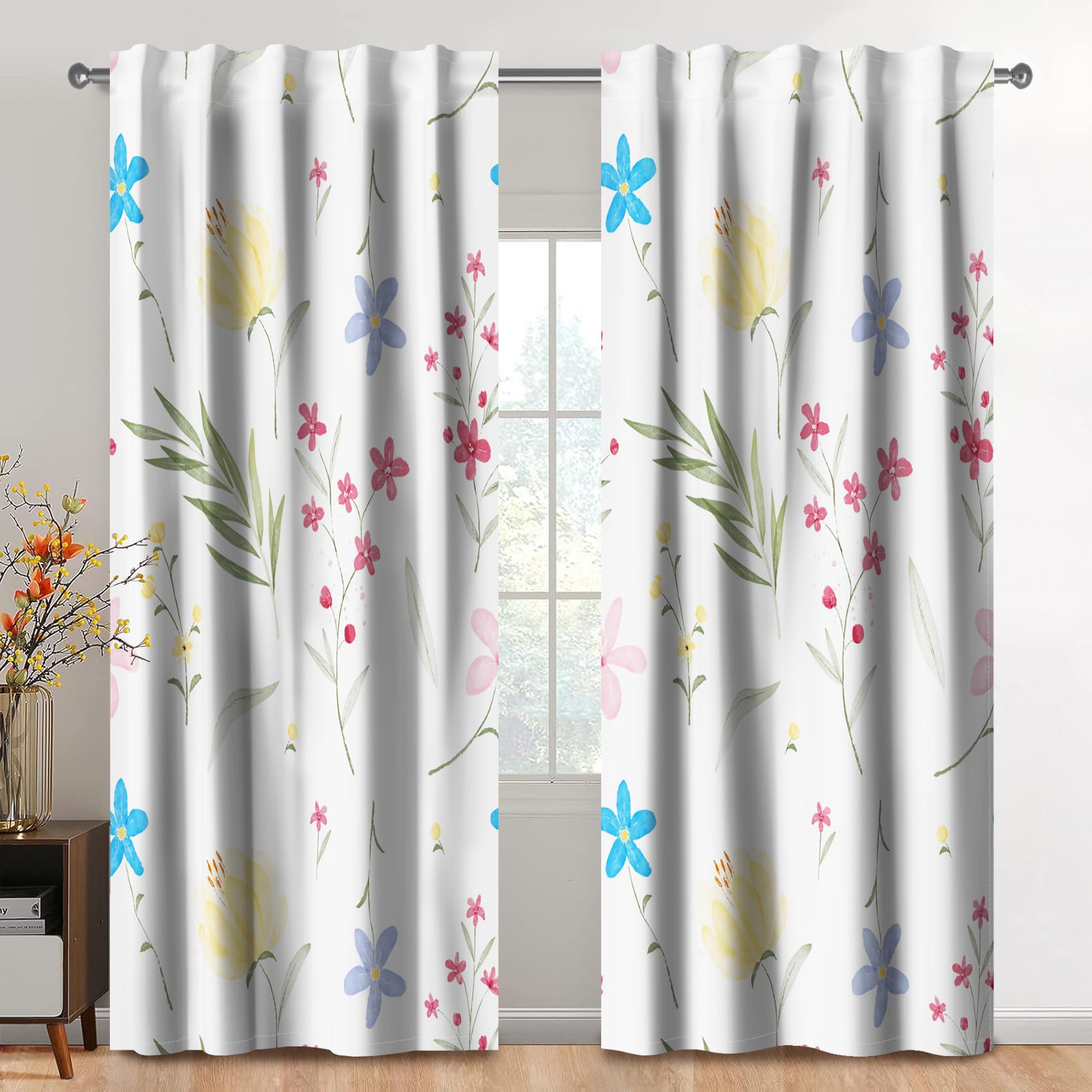 Kzzfqxb 2 Panels 117x229cm Rod Pocket Floral Curtains, White Background Toile Botanical Herbs with Beautiful Flowers and Leaves Window Drapes, Elegant Decor for Living Room Bedroom Dining Room — image 1