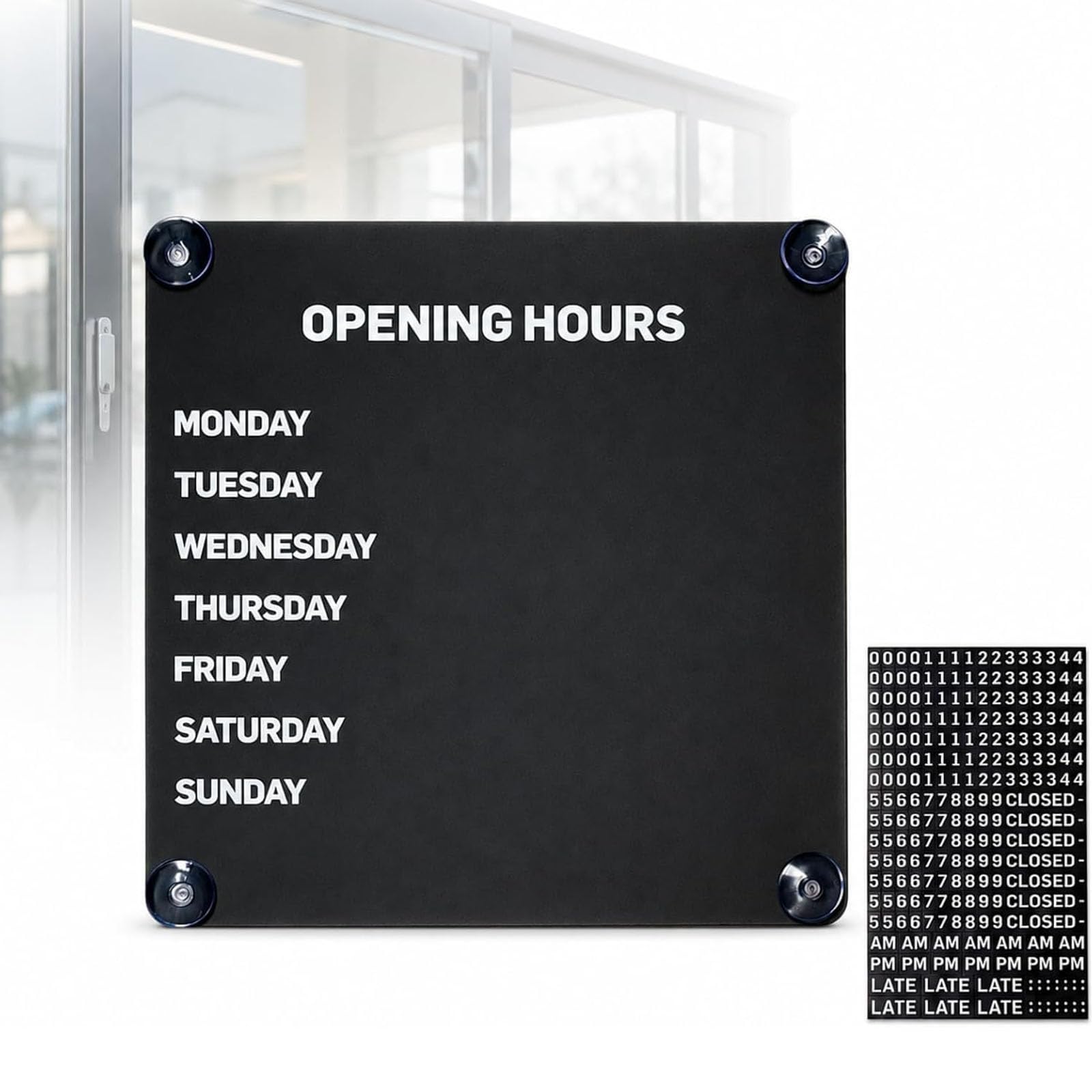 fnotlfue Magnetic Business Hours Sign, 10 x 10 Inch Reusable Opening Hours Board with Changeable Numbers and Writable Surface, Suction Cup Mounting for Storefront Glass Doors