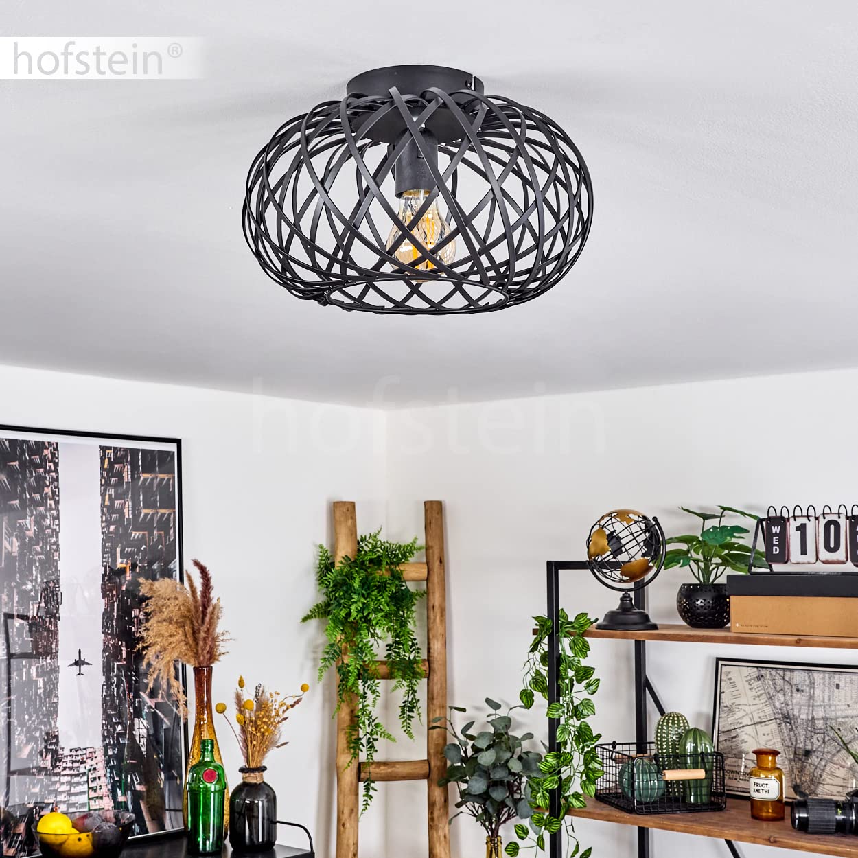 Oravi plafondlamp, ronde plafondlamp van metaal in koperkleur/zwart, 1- lichts, E27 fitting, 40 cm, lamp in retro/vintage design met geweldig lichteffect door rasteroptiek, zonder gloeilampen
