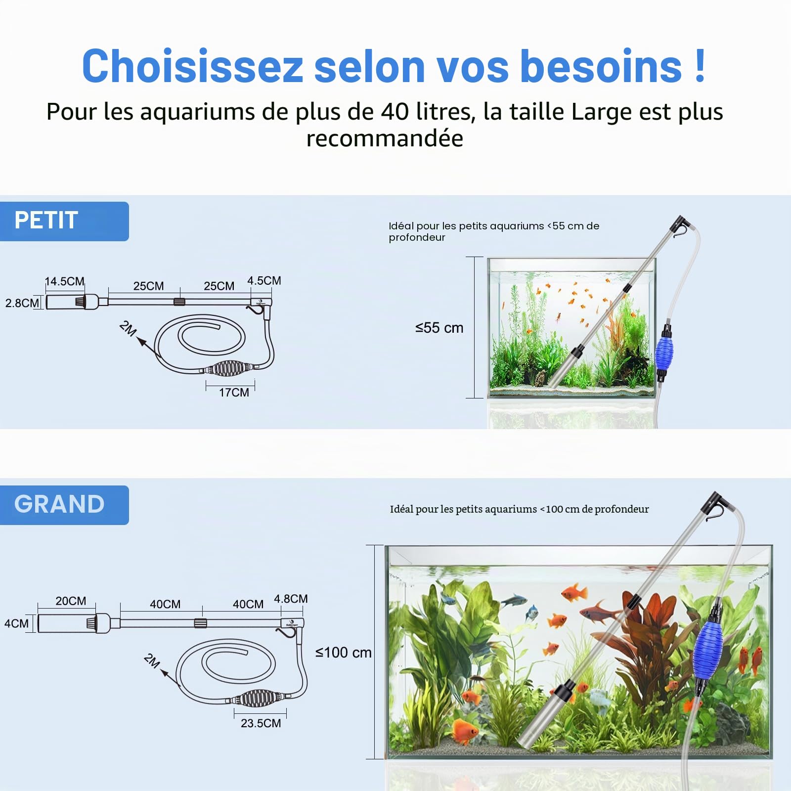 fishkeeper Aquarium Changer l'eau, Filtre de Sable de Nettoyage d'aquarium, réservoir de Poissons Kit de Nettoyage de Gravier d'aquarium avec débit d'eau réglable pour Le Nettoyage du Sable