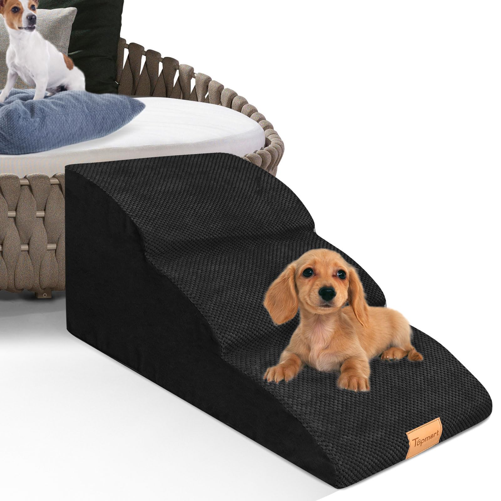 Topmart High Density Extended Foam Dog Ramp&Steps 3 Tiers,15.7" High,Non-Slip Dog Stairs with Waterproof Cover,Soft Foam Pet Ladder,Best for Injured,Older Cats,Pets with Joint Pain